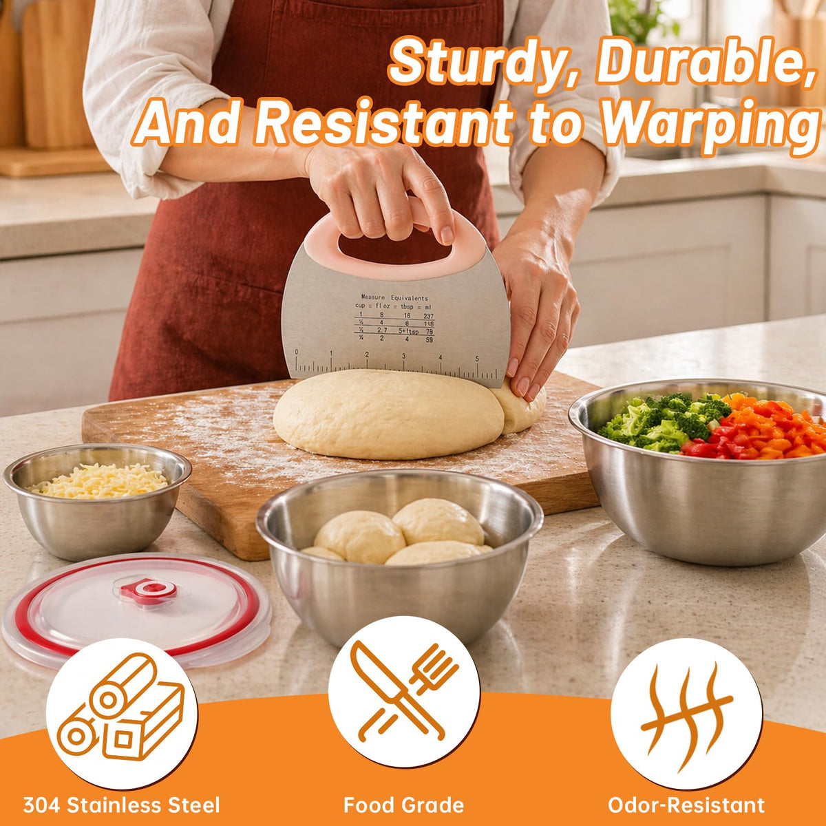 NOELNEXUS 3 PCS Pizza Dough Proofing Container Set, 27oz/40oz/60oz 304 Stackable Stainless Steel Proofing Box with Clear Lid, Includes Dough Scraper, Ideal for Bulk Fermentation of Sourdough & Bread
