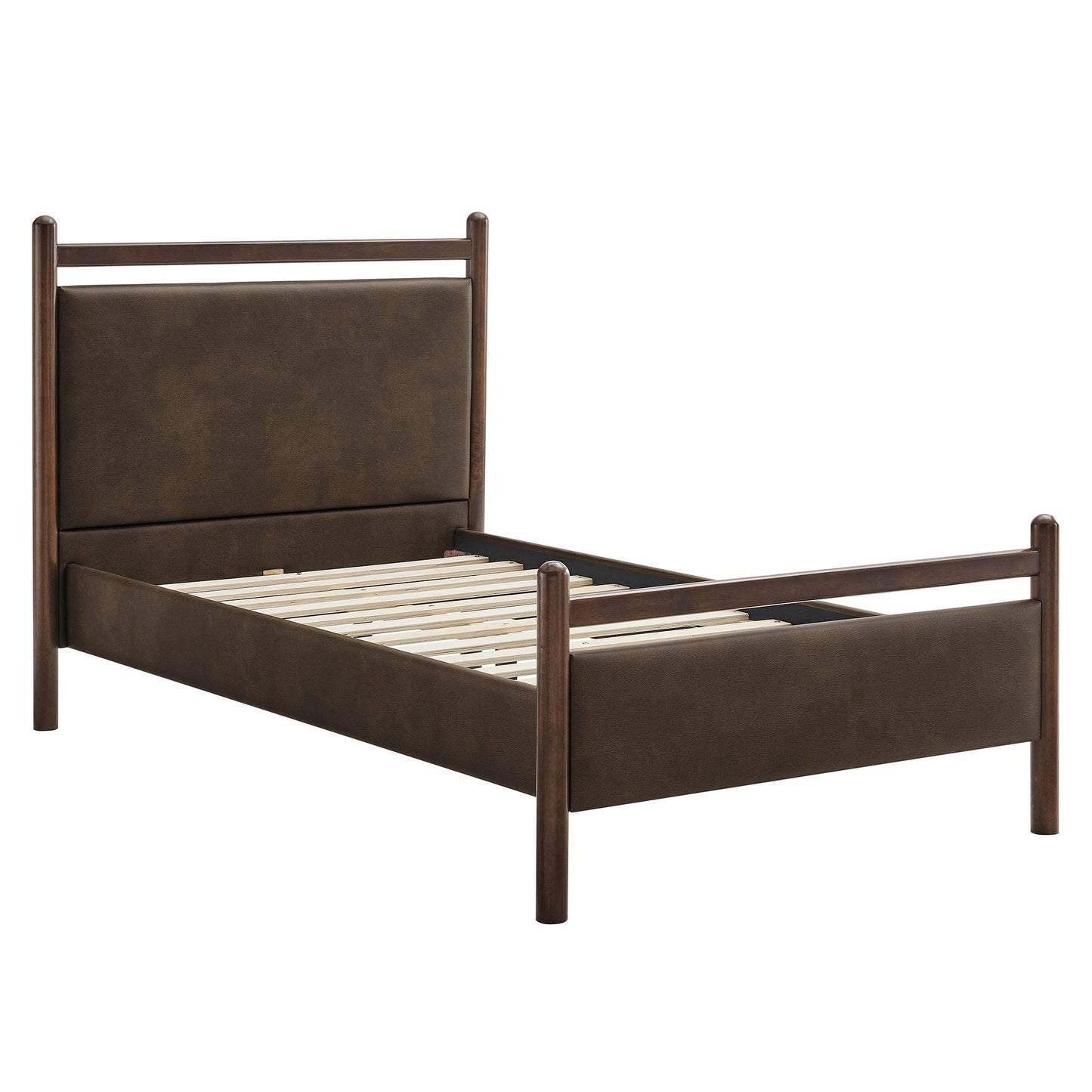Modway Ginny Twin Platform Bed Frame in Wenge Mushroom - Solid Wood Bed with Padded Faux Leather Headboard and Footboard, Wood Slats, No Box Spring Needed