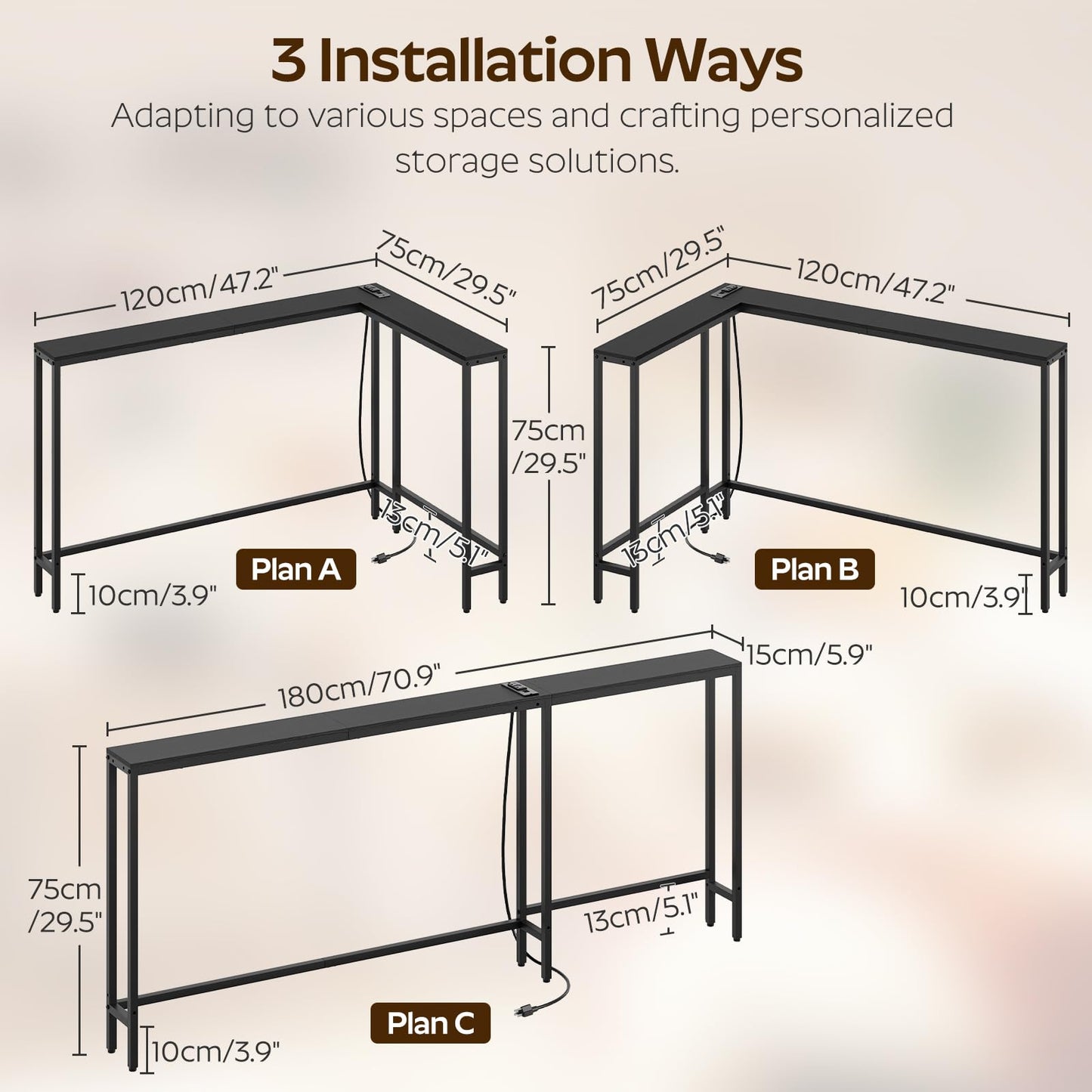 YATINEY Narrow Console Table with Outlets, 70.9" Sofa Table Narrow Long, L Shaped Behind Couch Entryway Table with Charging Station, for Living Room, Hallway, 3 Assembly Options, Black CT07UBB