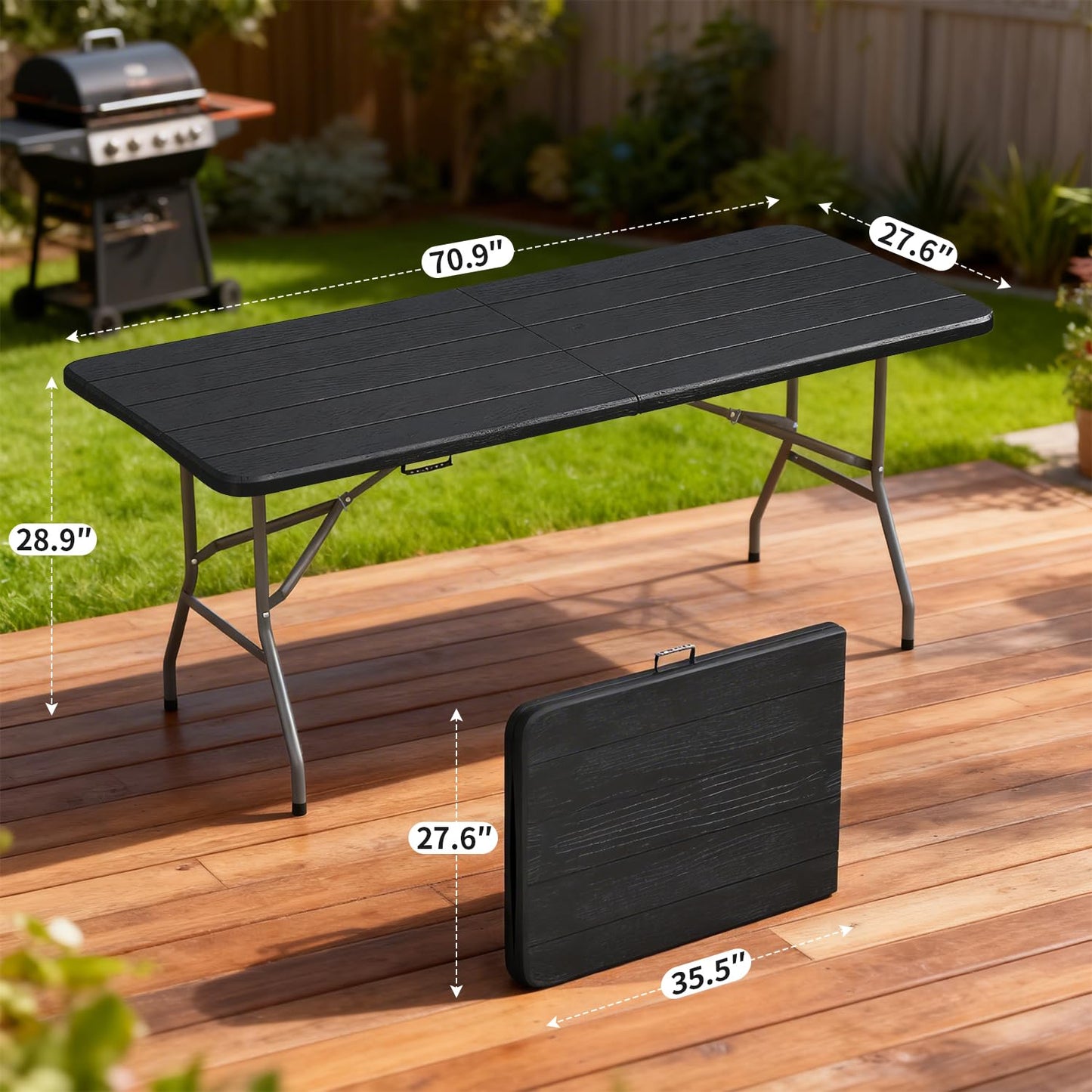 BestOffice 6 FT Picnic Table, Portable Plastic Folding Table with Carrying Handle Perfect for Picnics, Parties, Party and Camping, Black Wood Grain