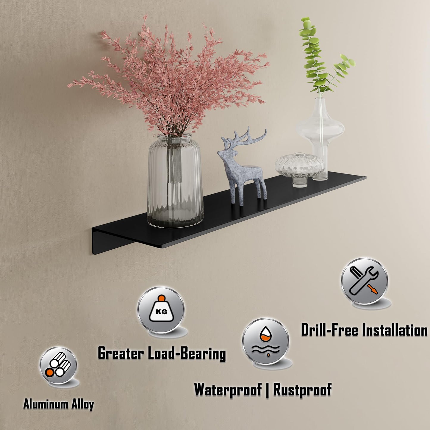HNVNER Black Metal Wall Shelves, 15.7" (W), No Drilling, Adhesive Floating Wall Shelf for Living Room, Bedroom, Bathroom, Aluminium Shower Caddy (2 PCS)
