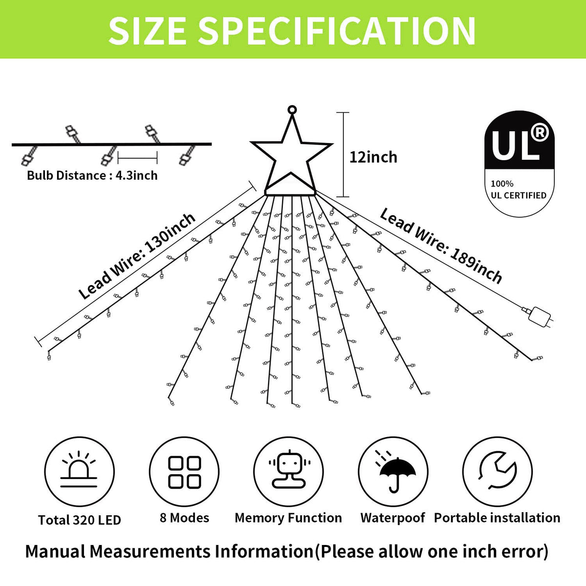 MINIAO Christmas Decorations Star String Lights, 320 LED Waterfall Tree Lights with 13" Topper Star 8 Lighting Modes Indoor Outdoor Decorative for New Year, Holiday, Wedding, Party