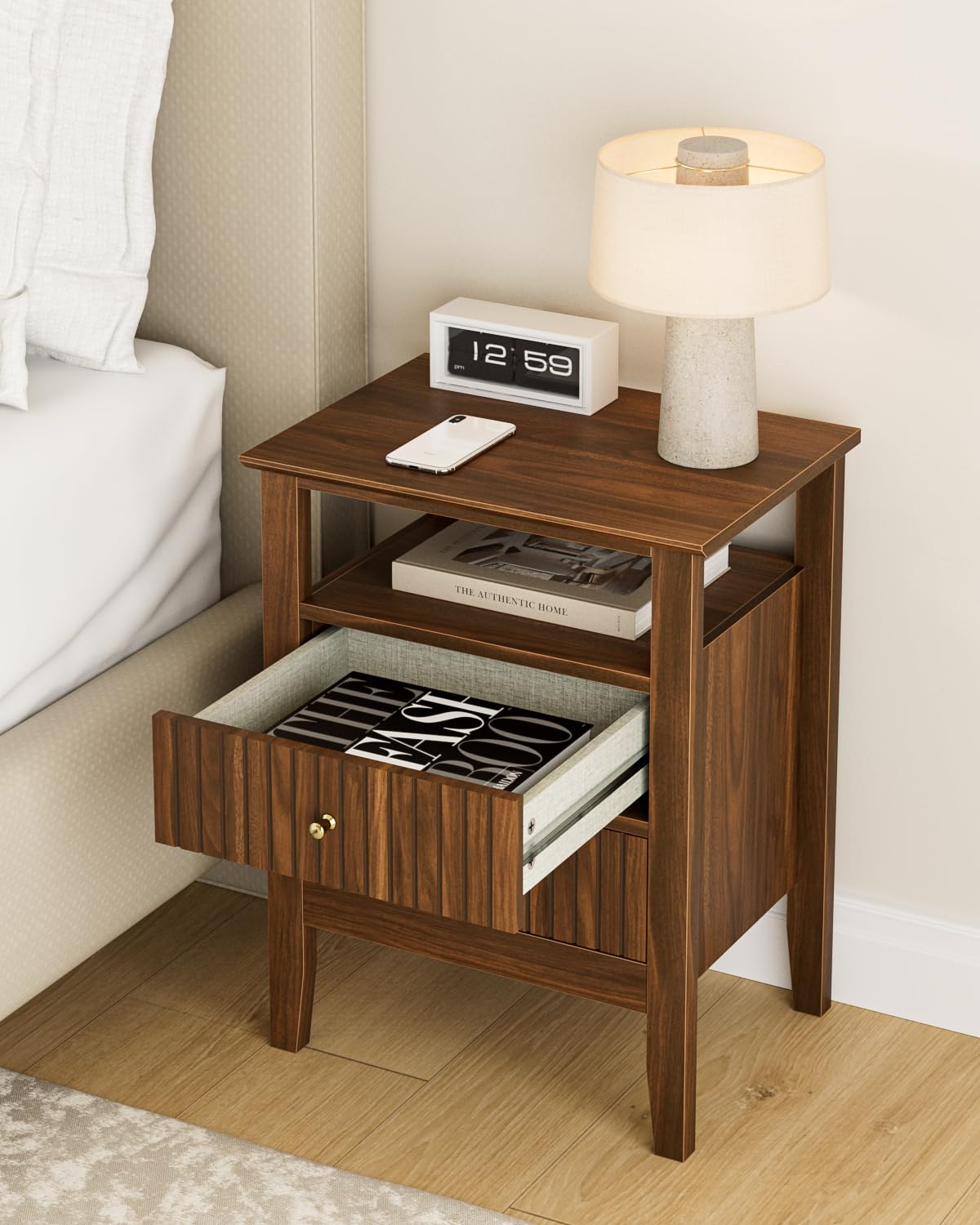 Apetaccat Fluted Nightstand, Farmhouse Night Stand with 2 Drawers, Mid Century Modern Side Accent Table,Bedside End Table for Bedroom, Living Room, Brown