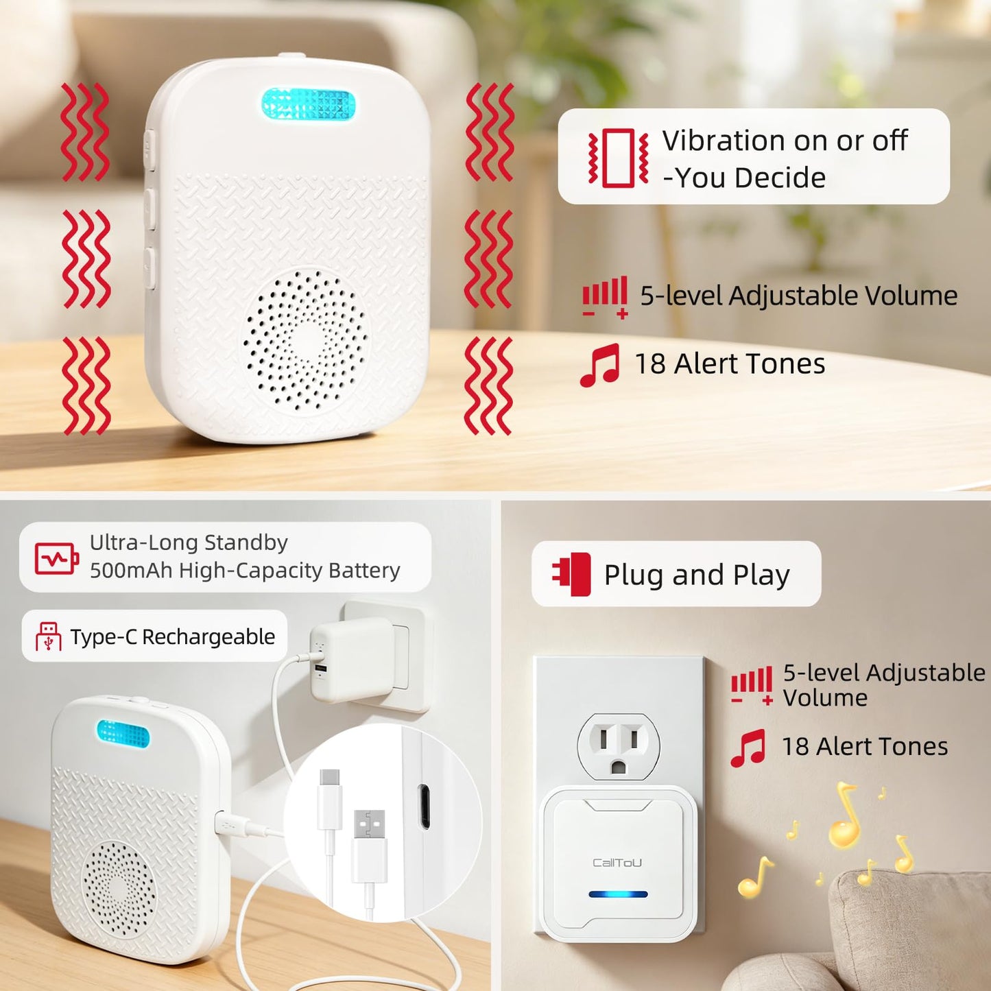 CallToU Caregiver Pager Wireless Call Button for Elderly/Senior,2026 New Version Pager with Vibration & Rechargeable,Nurse Alert System for Home Care Seniors (2 Pager and 2 Button)