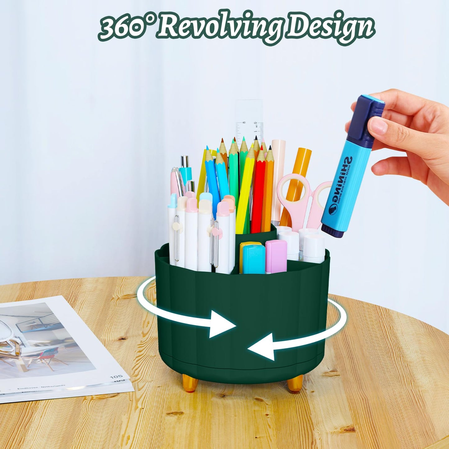IVEETTY Desktop Organizer 360 Rotating, with 6 Slots Pen & Pencil Holder, Desk Caddy for Markers, pen, pencil, Space Saving Office Organization, Small Desk Essentials, Work Home, Green