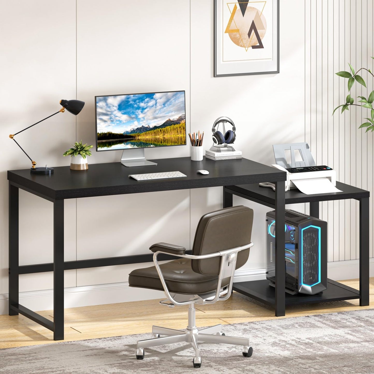 FOLUBAN Large Home Office Desk, Black Computer Desk with Storage Shelves, Modern Wood Writing Study Gaming Table for Bedroom Living Room, 63 Inch