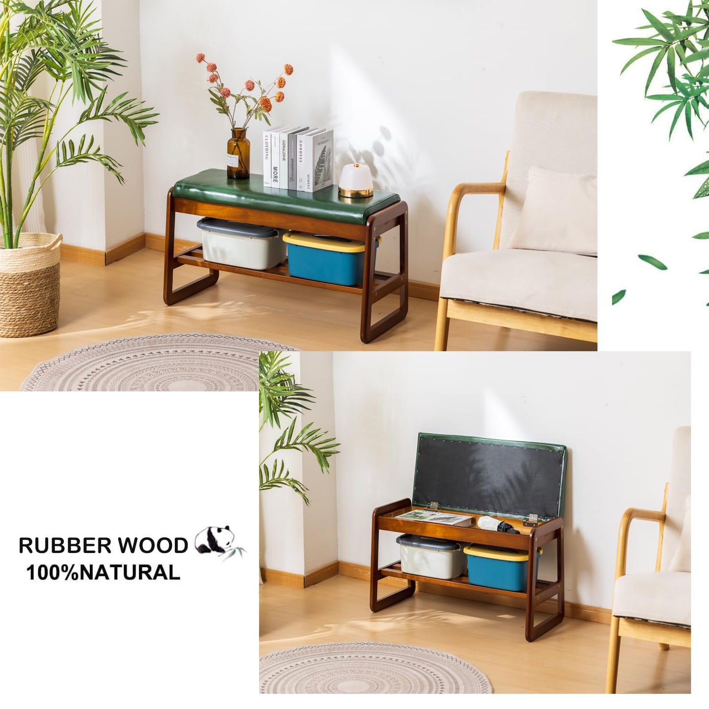 latifolia Solid Wood Bench, Entryway Shoe Bench with Cushion, Flip-Open Storage Compartment, 2-Tier Shoe Organizer(Green,31.50''L)