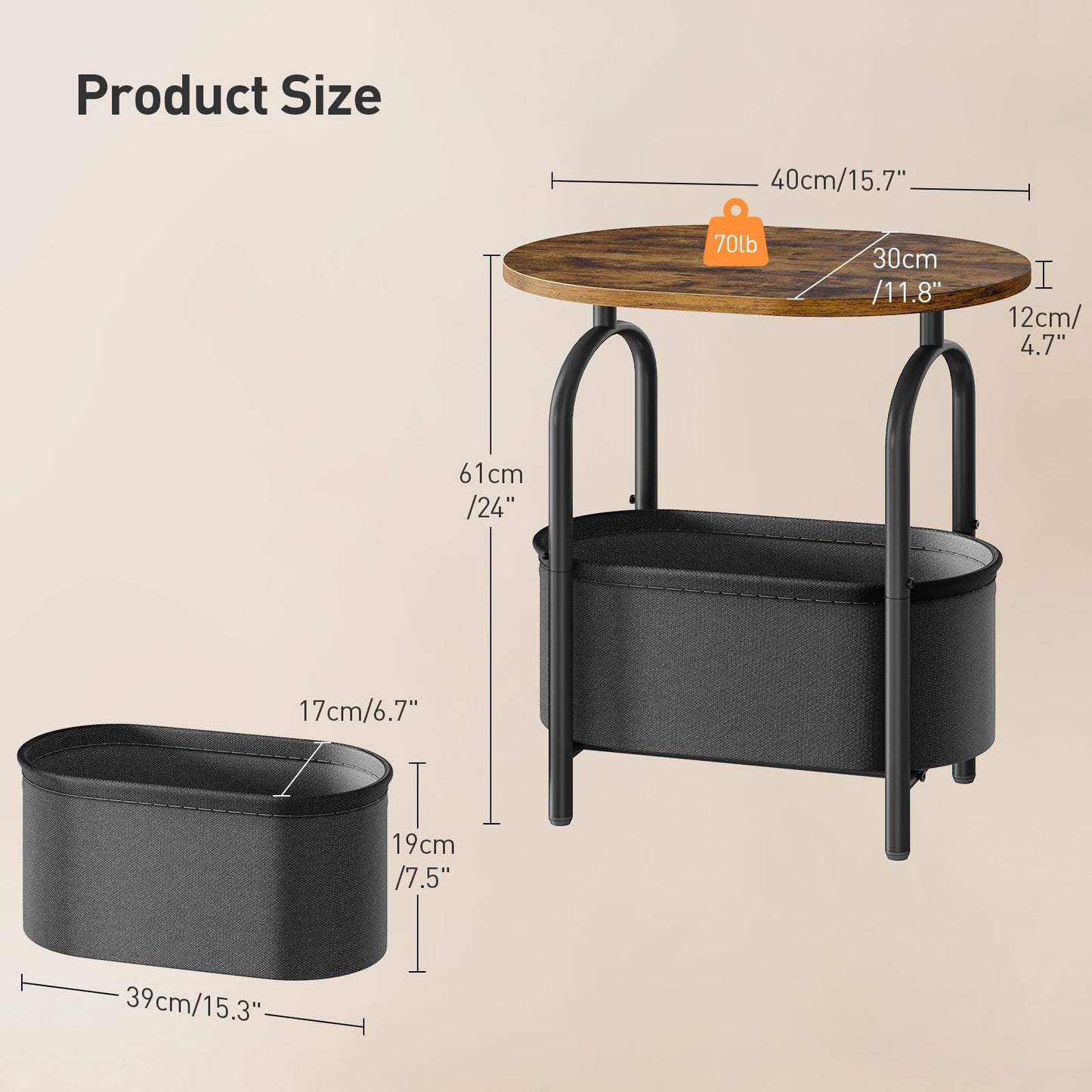 RALGEND Small Round Side Table with Fabric Basket Storage, Oval End Table for Small Spaces, Modern Coffee Bedside Table, Couch Side Table for Living Room, 15.7" X 11.8" X 24", Rustic Brown 8601BZBF