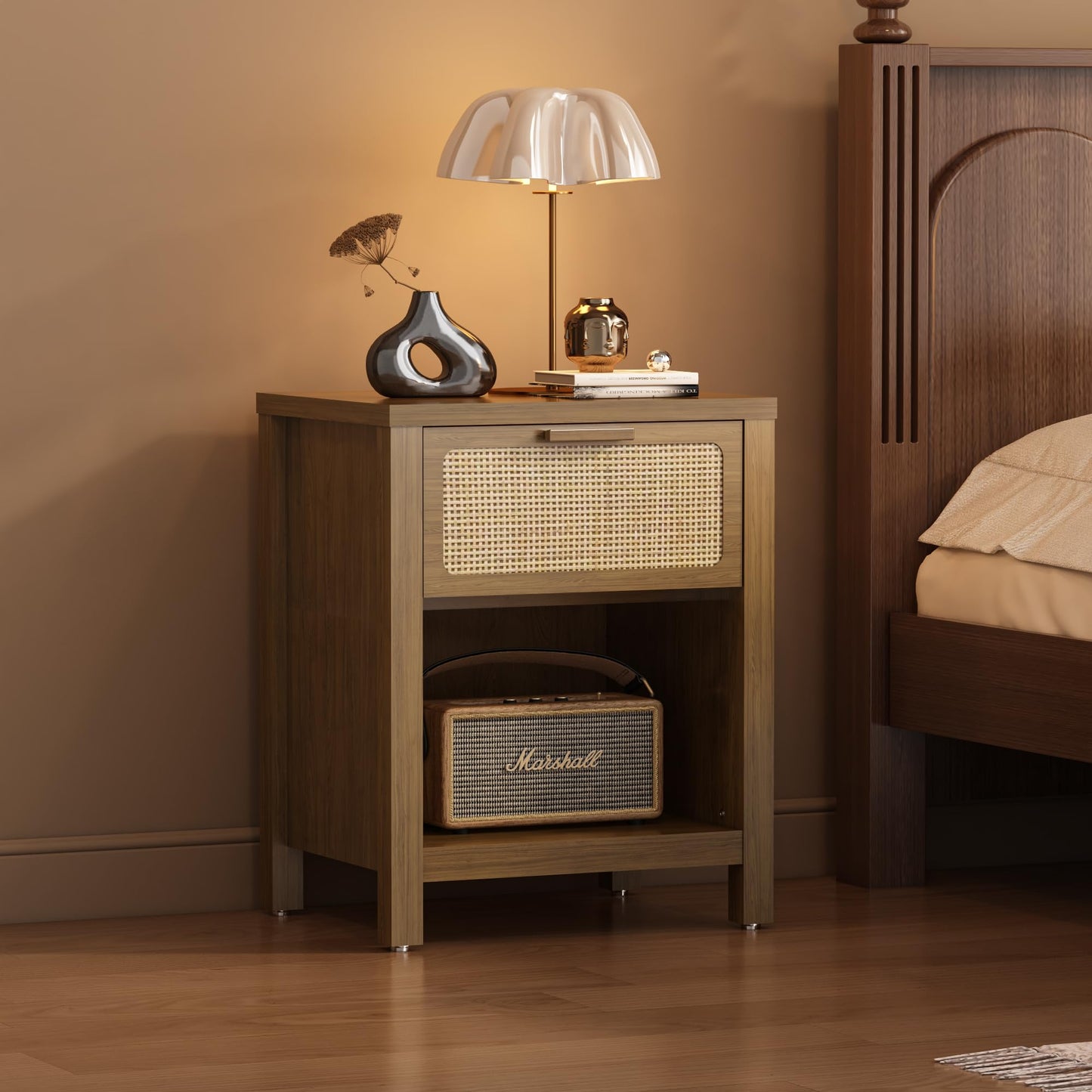 YAUKOMEL Rattan Nightstand, Mid Century Modern Bedside Table with Opening Storage,Large Side Table with Drawer,Boho Night Stand,Wooden End Table,Handmade Solid Wood Handle,Walnut CTG65BR