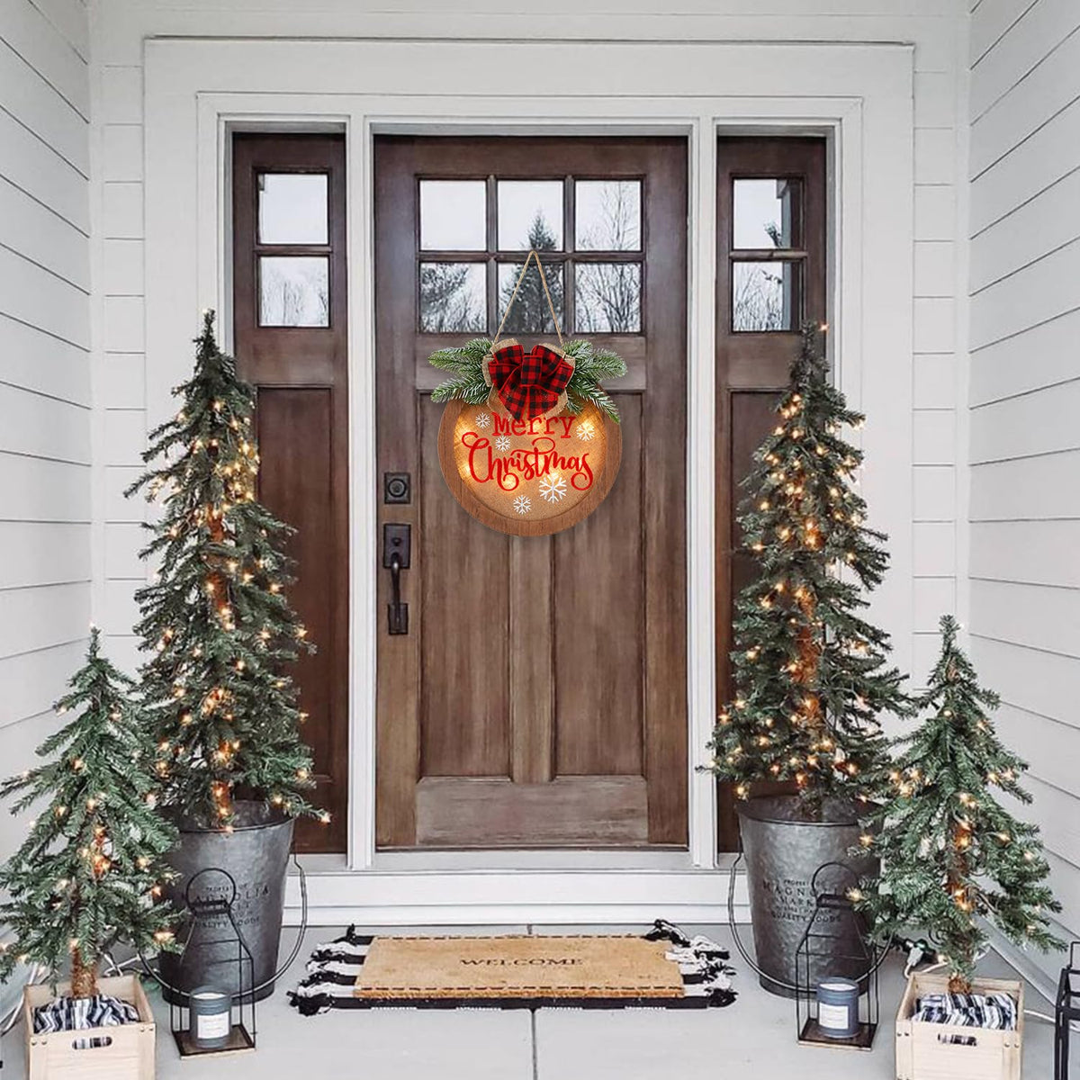 HOMCDALY Christmas Welcome Sign for Front Door, Winter Merry Christmas Wreath, Farmhouse Door Decoration Wooden Hanging Sign, Winter Home Decoration (F-Xmas)