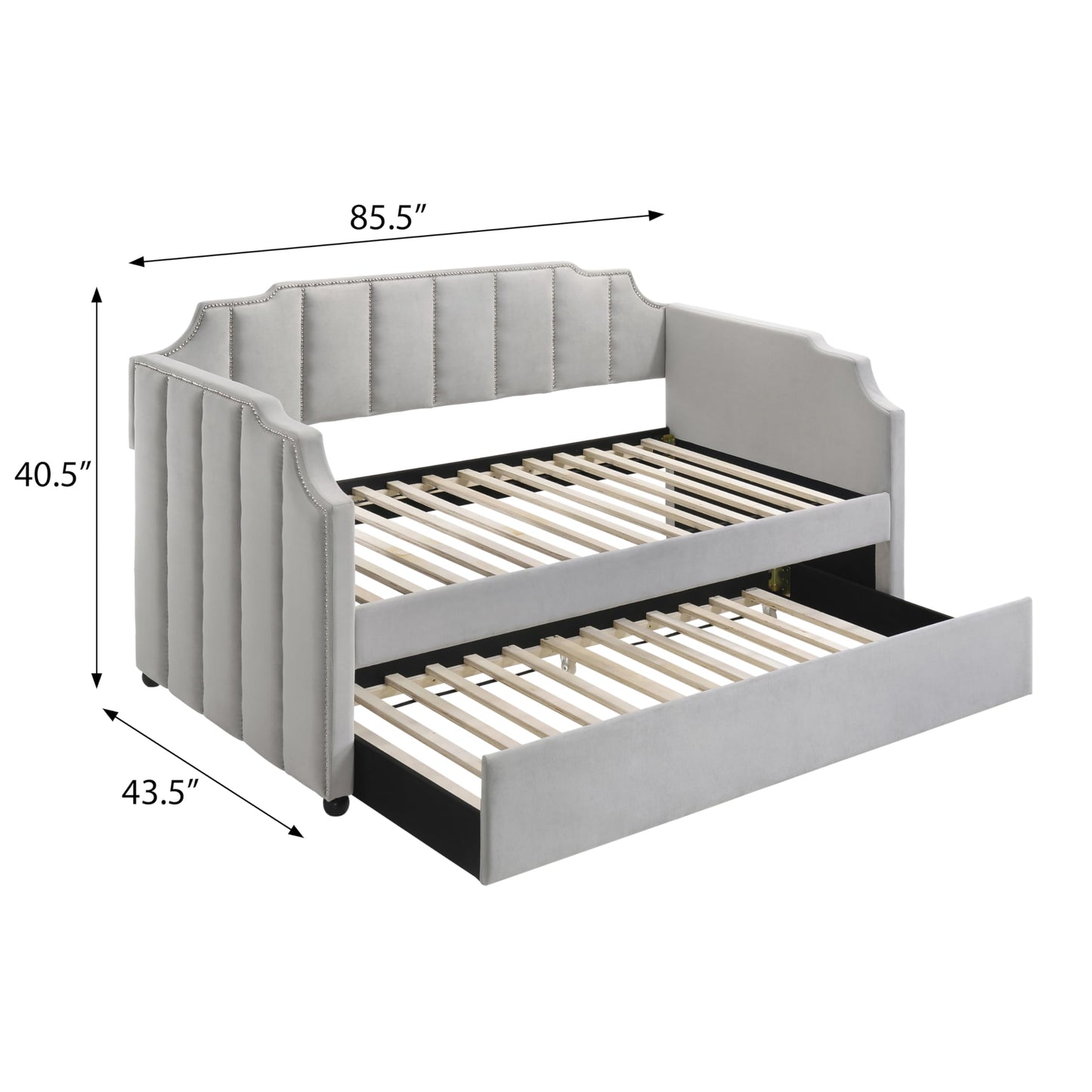 KOYVRY Twin Daybed with Trundle - Upholstered Twin Daybed with Horizontal Tufting and Nailhead Trim, Velvet Daybed with Arched Frame and 28 Wooden Slats, Twin Day Beds for Adults, Gray