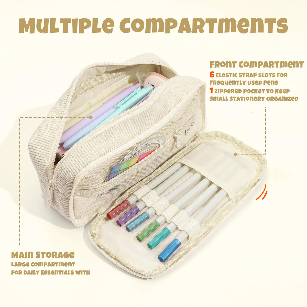SUNEE Pencil Case, Large Capacity Pencil Pouch, Aesthetic Big Pen Bag, Soft Corduroy Fabric Pen Box for Office Stationery Organizer School Supplies Multifunctional for Teen Boys Girls Women Men, Cream