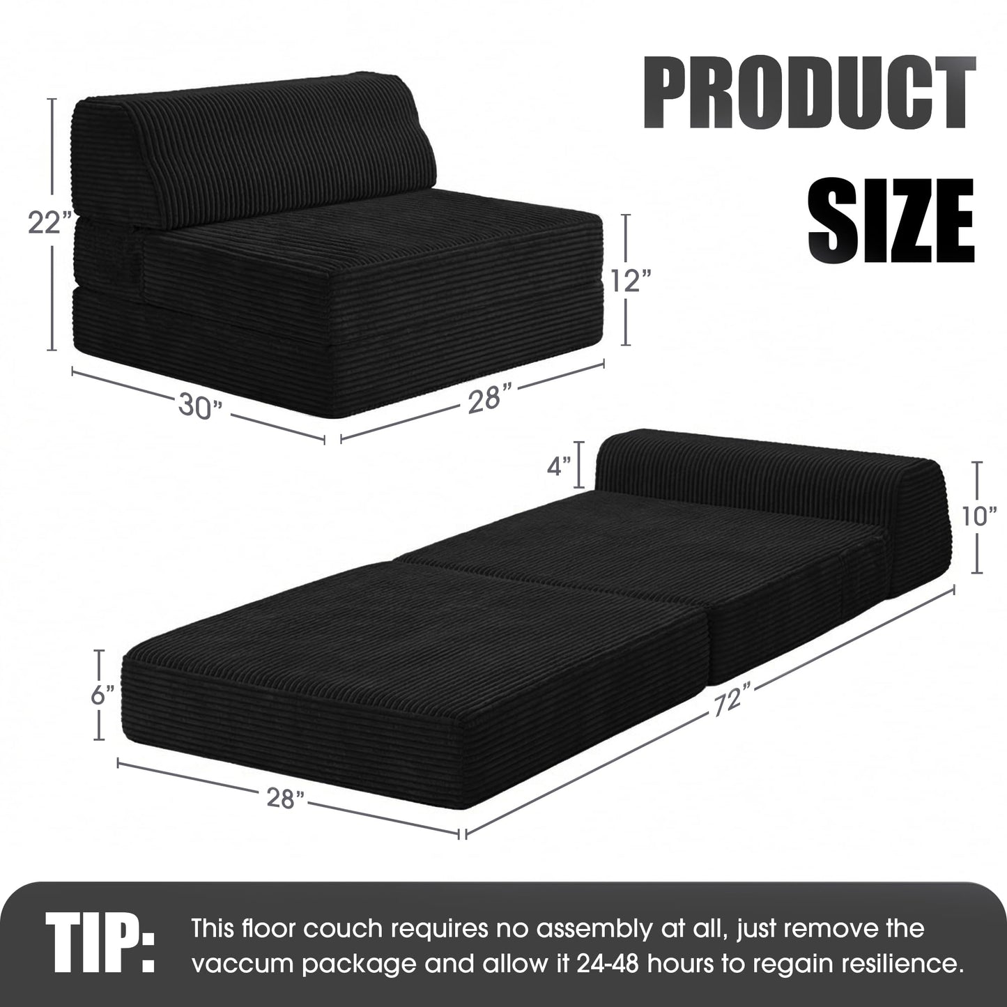 Kasunpul Folding Sofa Bed with Pillow, Memory Foam Fold Out Chair Bed, Convertible Sleeper Chair with Washable Cover, Futon Floor Couch for Living Room/Dorm/Guest Use/Home Office/Apartment, Black