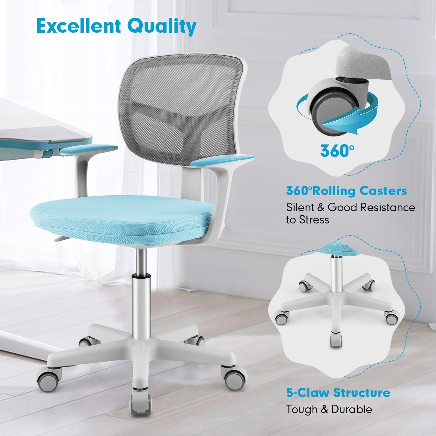 Costzon Kids Desk Chair, Adjustable Children Study Computer Chair with Arms & Wheels, Student Swivel Rolling Task Chair, Ergonomic Kids Office Chair for Boys Girls Age 4-12, Home Bedroom School, Blue