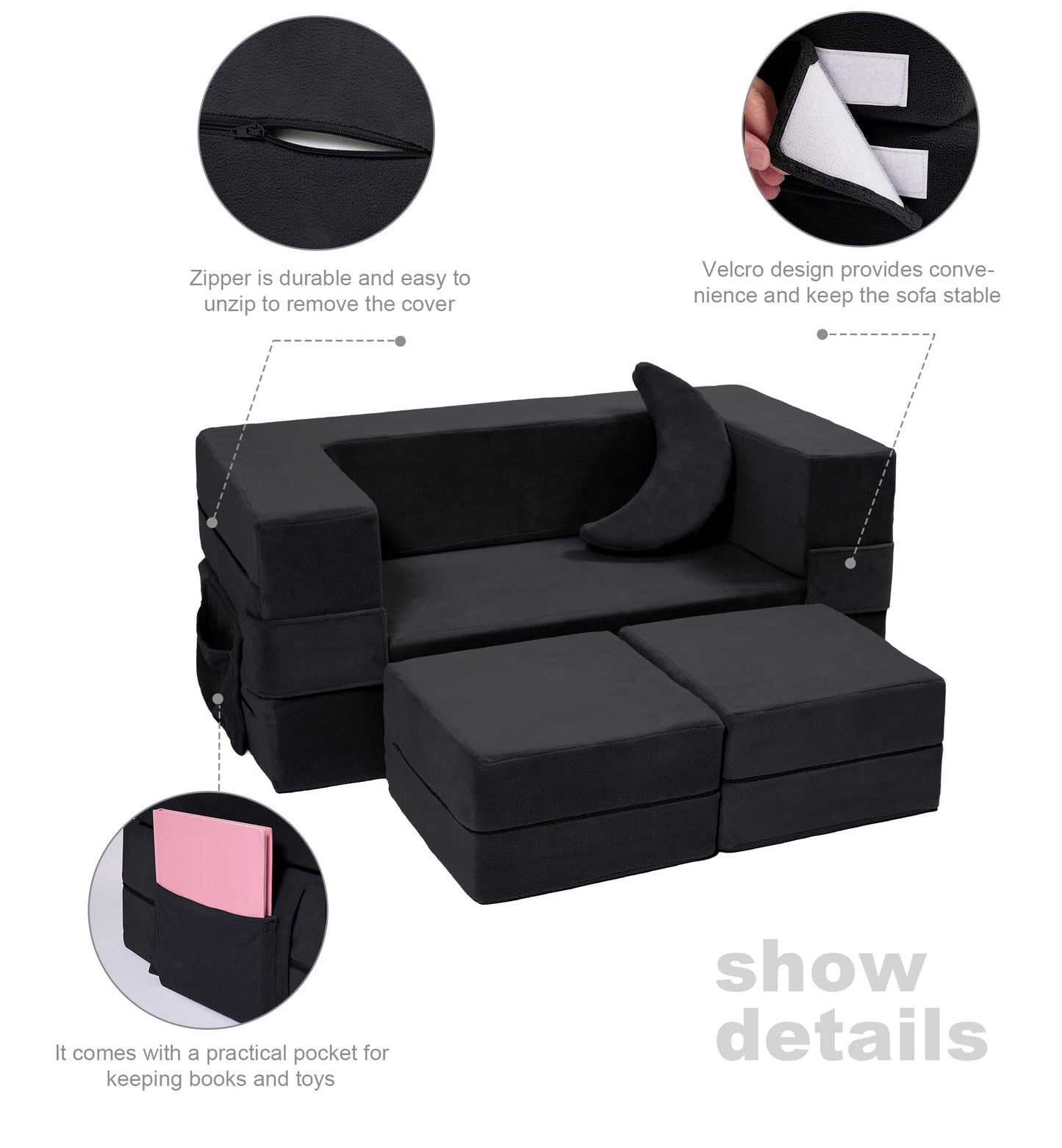 Elftopia Modular Kids Sofa,Toddler Couch Foam Armchair for Kids, Children Convertible Plush Sofa Play Set,Fold Out SofaBed(Black)