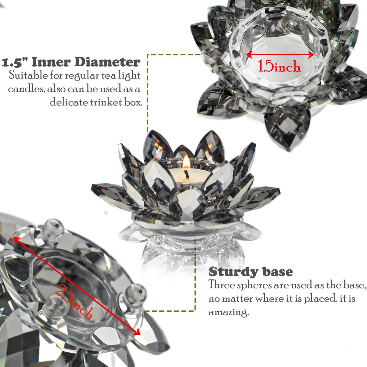 Lotus Black Crystal Tea Candle Holder Crystal Wishing Tealight Candlestick Stand Exquisite Desktop Decoration Holiday Celebration Wedding Restaurant Party Atmosphere Decoration (4 Pcs, Dark Grey)