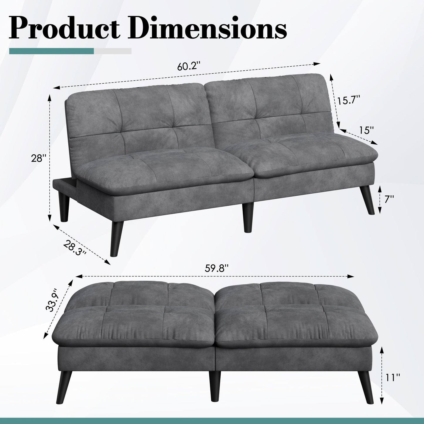 Shintenchi Futon Sofa Bed, Foldable Small Velvet Couch Bed with Adjustable Recliner, Space Saving 2 in 1 Sofa for Living Room, Apartment, or Guest Room, Dark Gray