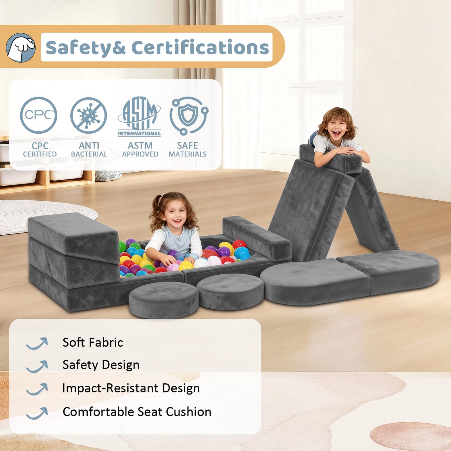 Decmuerx 12pcs Modular Kids Play Couch - CPC Certified Convertible Toddler Sectional Sofa, Washable Durable Foam Floor Cushion for Kids Playroom (Play Fort/Castle)
