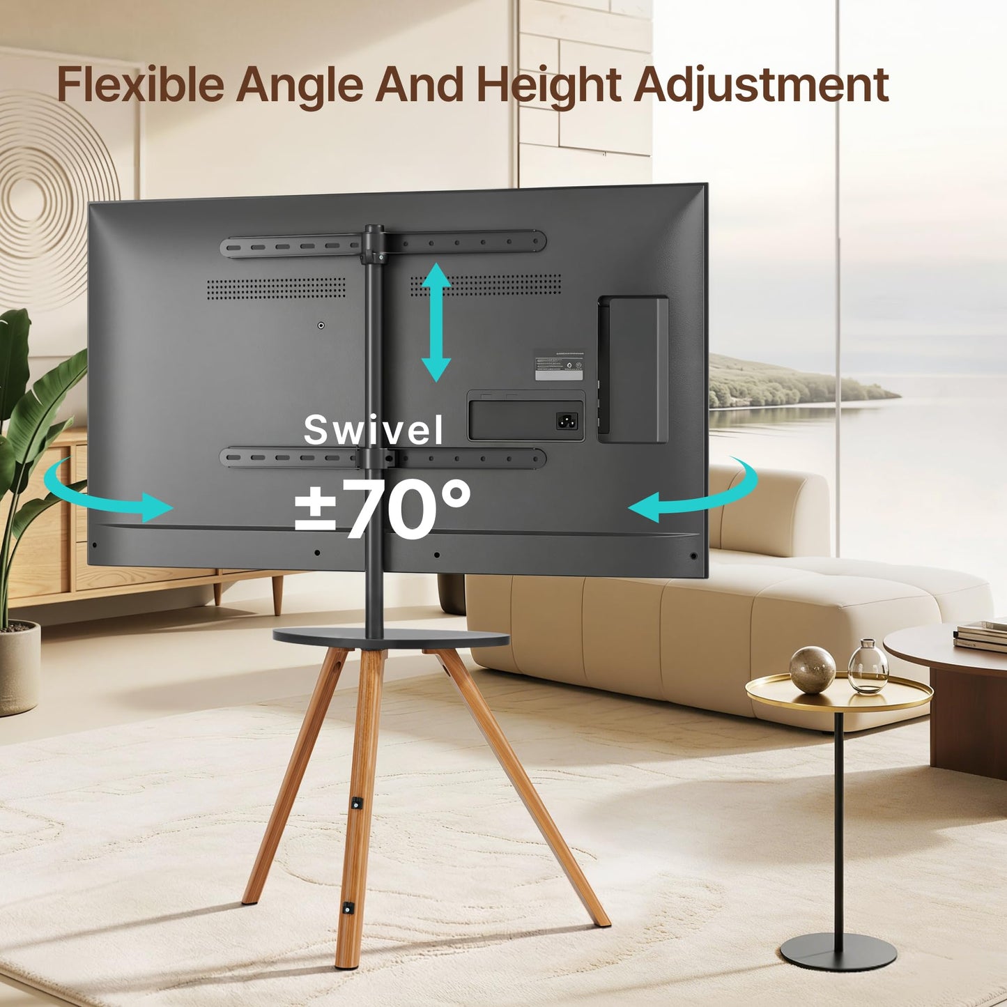 Pegzone Wood Easel Tv Stand with Artistic Droplet-Shaped Shelf for 45 to 65 Inch Tvs, Swivel Height Adjustable Portable Tripod Tv Stand-Vesa Required Max 600 * 400 mm, up to 88 lbs, Black Walnut