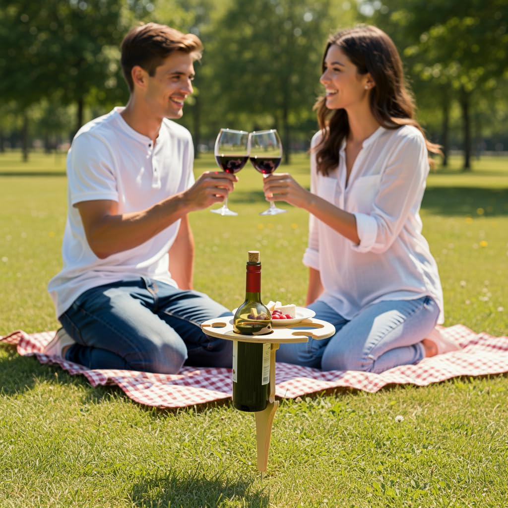 Snugluxe Outdoor Wooden Folding Wine Table, Ground Insert with Glass Holder