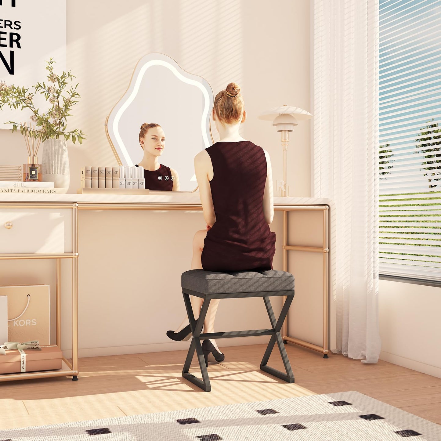 YMYNY Vanity Stool, Linen Footrest, Ottoman Bench with X-Shaped Metal Legs, Makeup Dressing Stool for Vanity, Living Room, Bedroom, Entryway, Hallways 15.74" D×11.81" W×18.11" H Grey UHBD033G