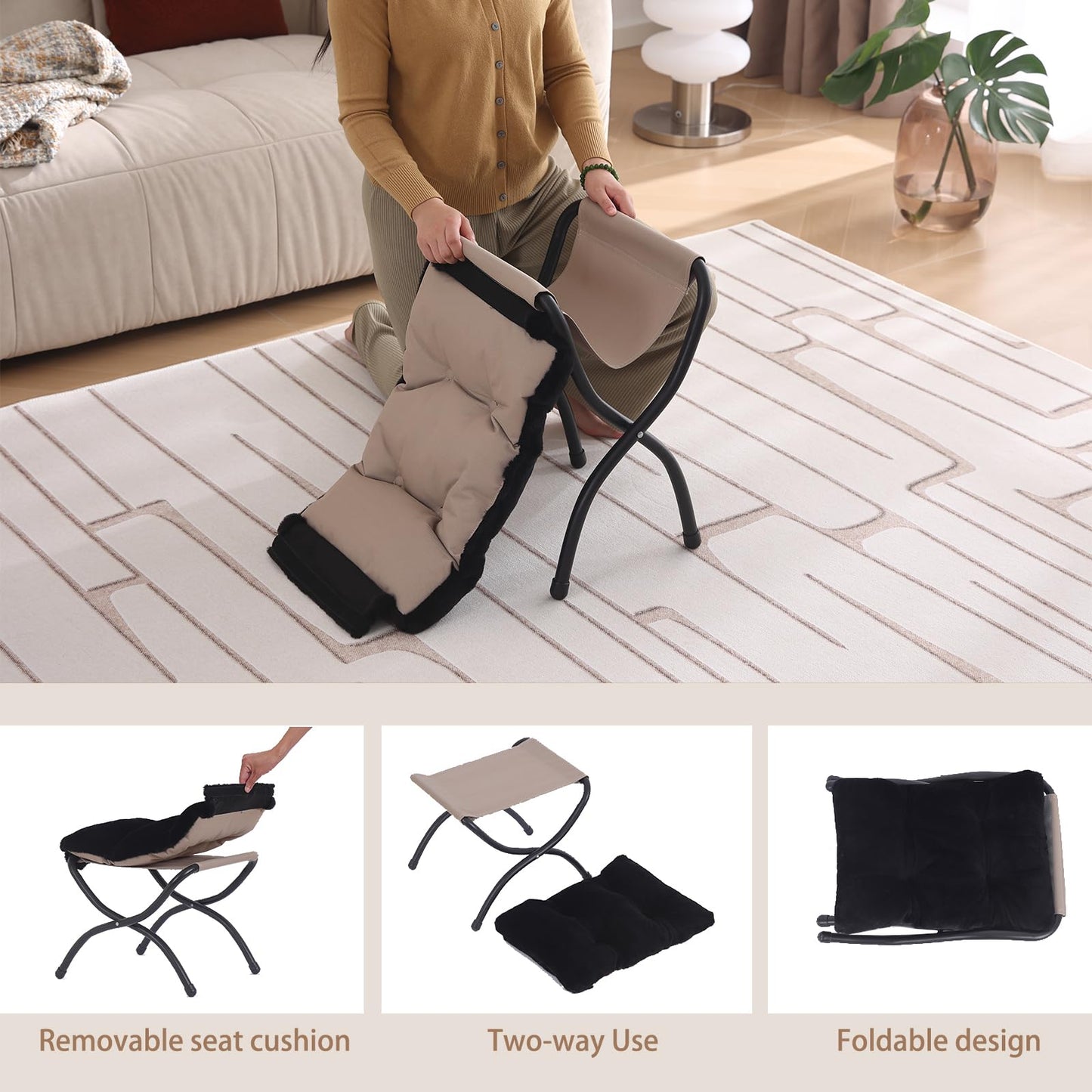 Welnow Folding Foot Stool, Upholstered Small Accent Ottoman with Detachable Thick Cotton Cushion Padded Sofa Stool and Metal Frame for Lazy Chair, Living Room, Bedroom, Plush Black