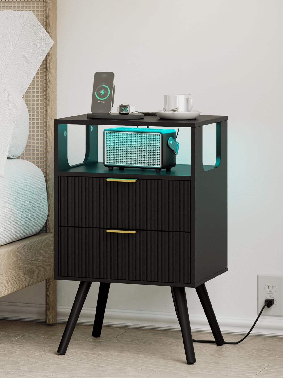 Leomonio Nightstand with Charging Station and LED Lights, Modern Bedside Table with 2 Storage Drawer and Open Wood Shelf for Bedroom and Small Spaces, Night Stand with Solid Wood Legs
