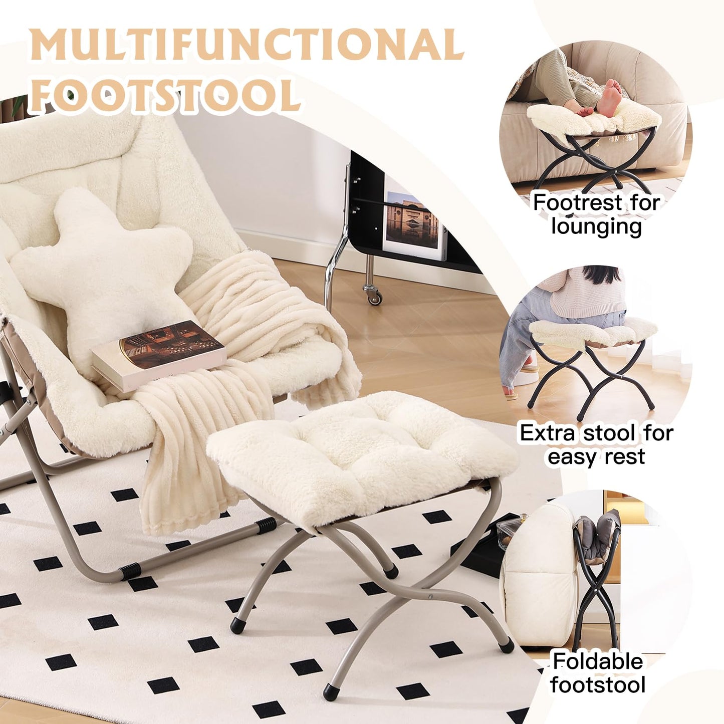 Welnow Folding Foot Stool, Upholstered Small Accent Ottoman with Detachable Thick Cotton Cushion Padded Sofa Stool and Metal Frame for Lazy Chair, Living Room, Bedroom, Plush Beige