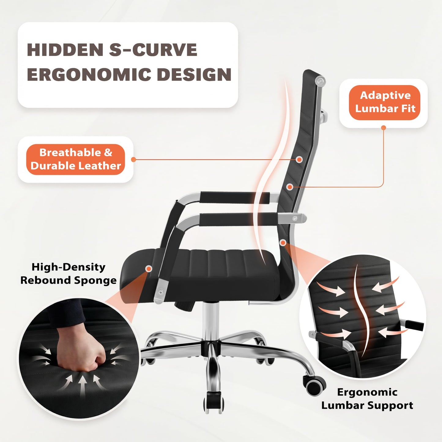 Furmax Ergonomic Office Desk Chair, Executive Ribbed Mid-Back PU Leather Conference Room Chair Adjustable Swivel Chair with Arms (1, Black)
