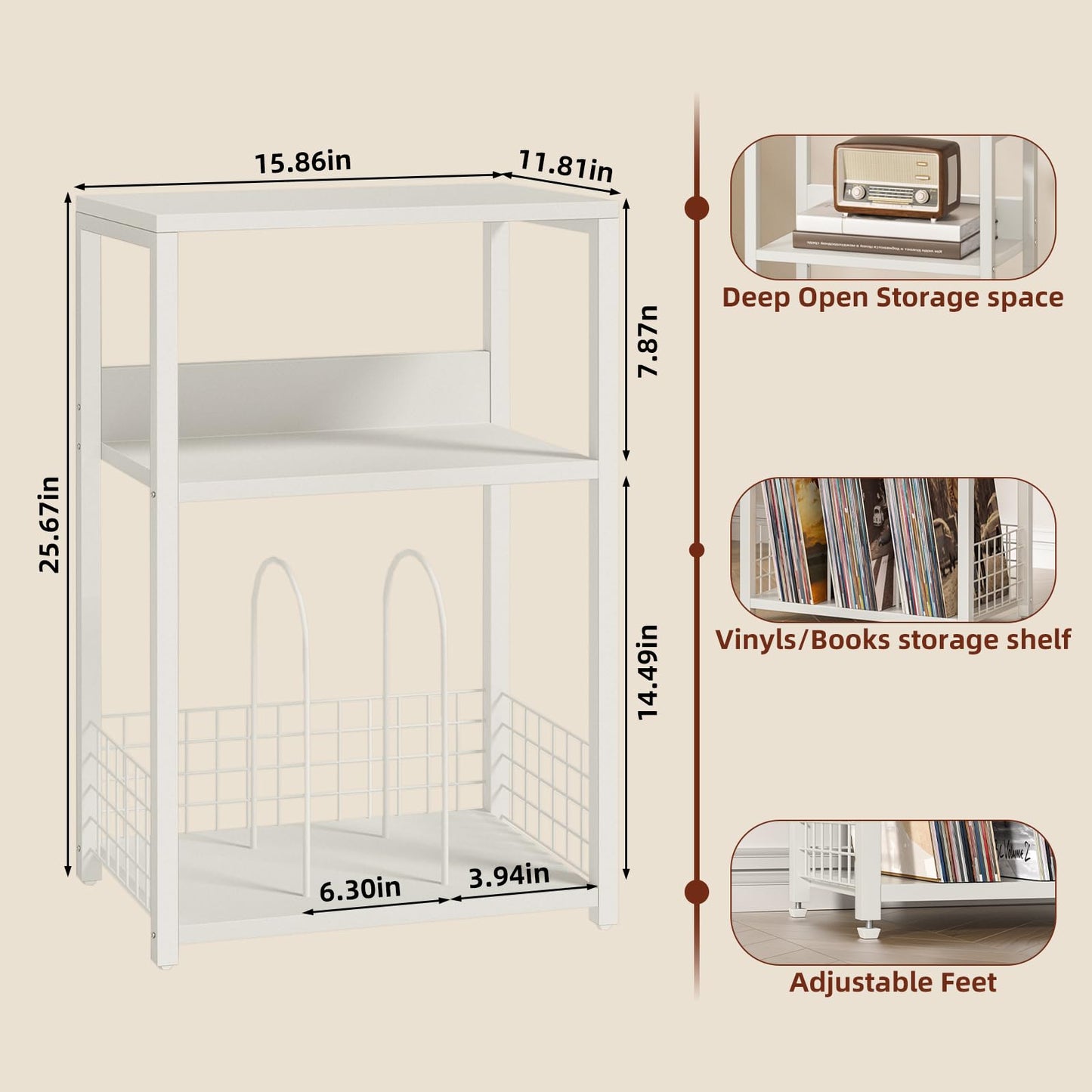 LELELINKY White Side Table,Small Printer Stand with Storage Shelf,3 Tier Industrial Bedside Tables,Vinyl Record Player Stand,Modern Sofa Night Stands for Living Room Bedroom Office Small Spaces