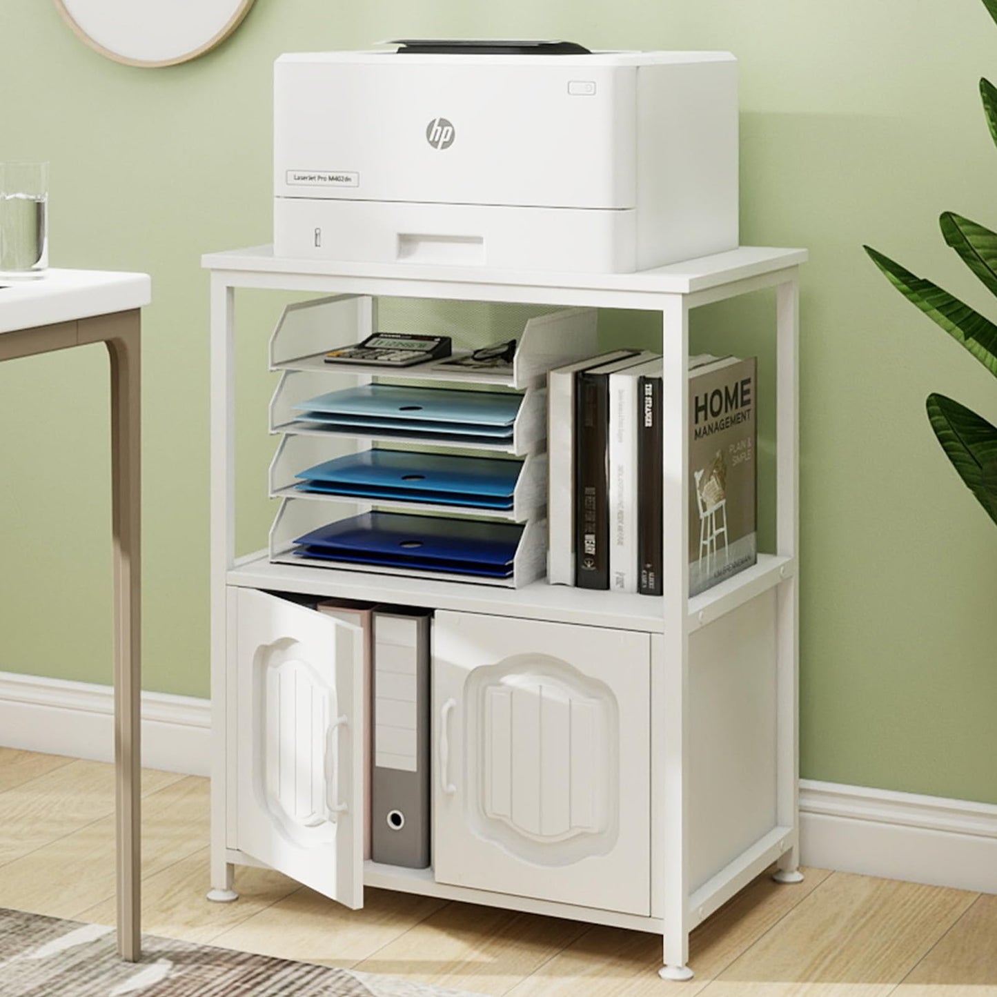 Natwind 3 Tier Printer Stand with File Cabinet, Vertical Filling Cabinet with Open Shelves, Decorative Wood Printer Shelf with Storage for Home Office, White