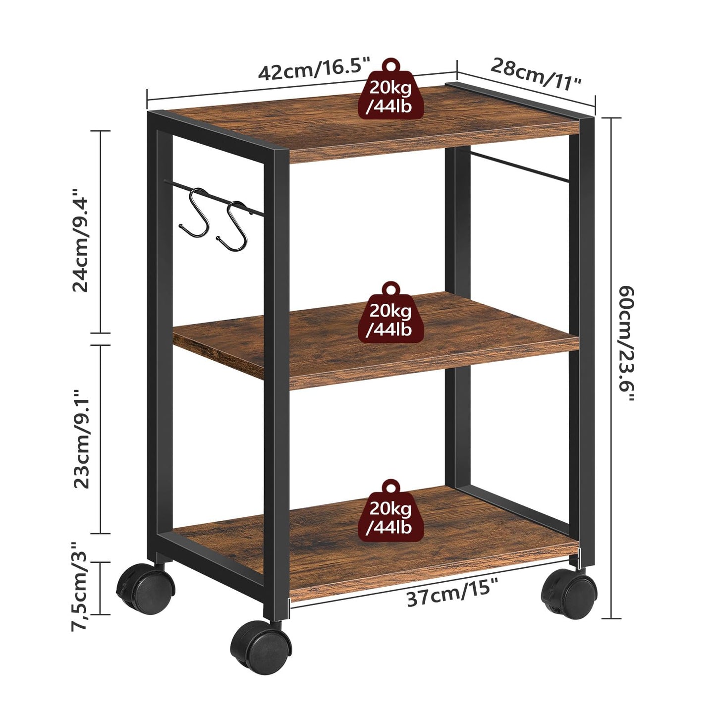 MAHANCRIS Printer Stand, 3-Tier Under Desk Rolling Cart with Storage Shelf, Heavy Duty Printer Table with Wheels for Home and Office, Printer Shelf with 2 Hooks, Small Spaces, Rustic Brown PTHR4001Z