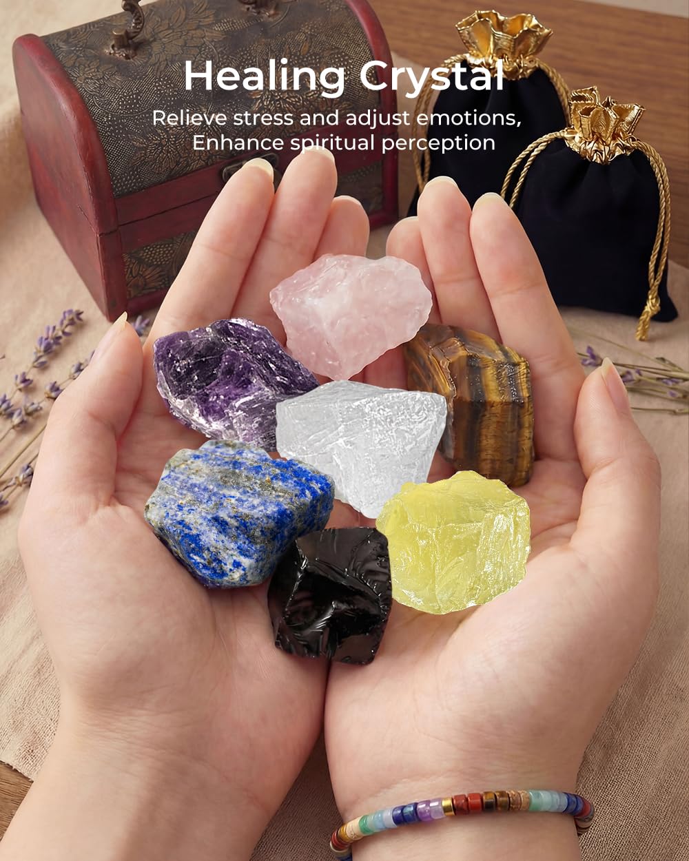 Crystals and Healing Stones Set - Chakra Crystals, Thumb Worry Stones, Golden Orgone Pyramid for Positive Energy - Flower of Life, Chakra Bracelets, 7 Chakra Stones Set, Birthday Gifts for Women