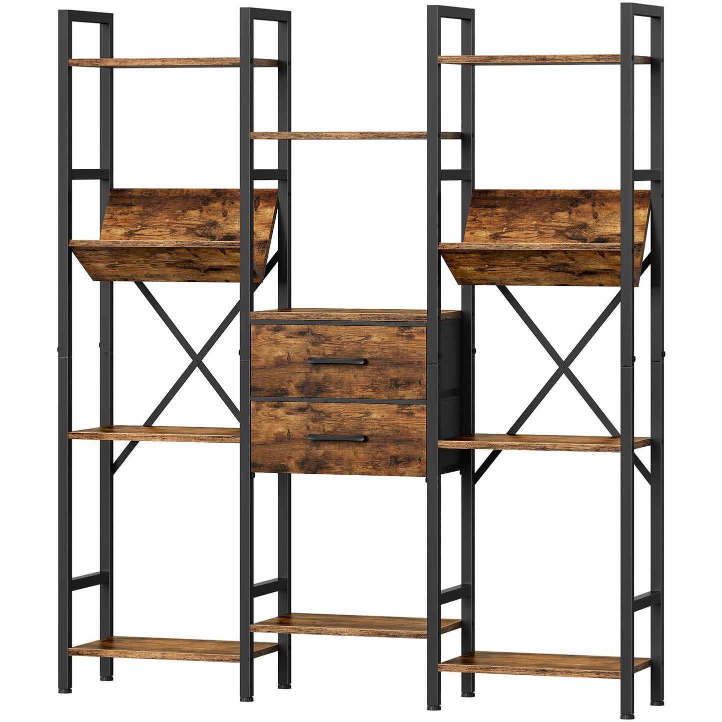 CHOEZON 3-Column Bookcase, 55.1" Bookshelf with 2 Non-Woven Fabric Drawers and V-Shaped Shelves, Display Storage Shelf for Living Room, Office, Study, Rustic Brown and Black TSJ03BF