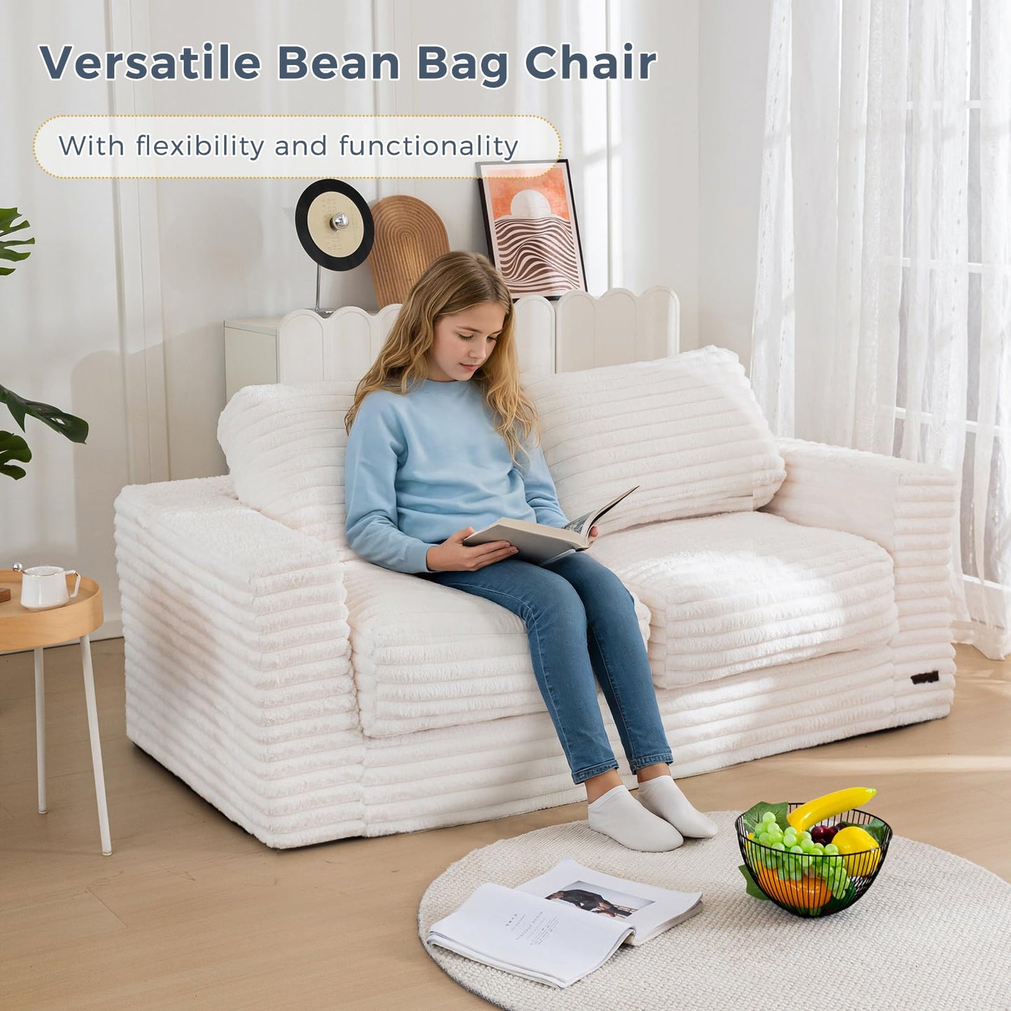 MAXYOYO Bean Bag Chair for Adults, Upholstered Loveseat Floor Sofa with Pillows and Armrests, Large Bean Bag Sofa Plush Couch for Bedroom Living Room, White