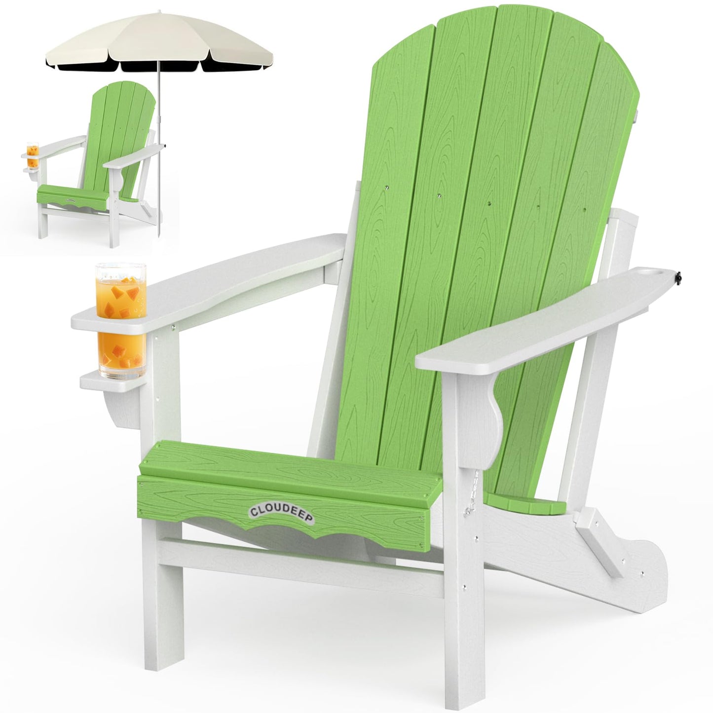 Folding Adirondack Chair –Recyclable HDPE Outdoor Adirondack Patio Chair with Cup Holder, Wood Texture & Umbrella Hole, 25-Year Fade-Free All Weather for Fire Pit, Porch, Poolside, Deck, Lime & White