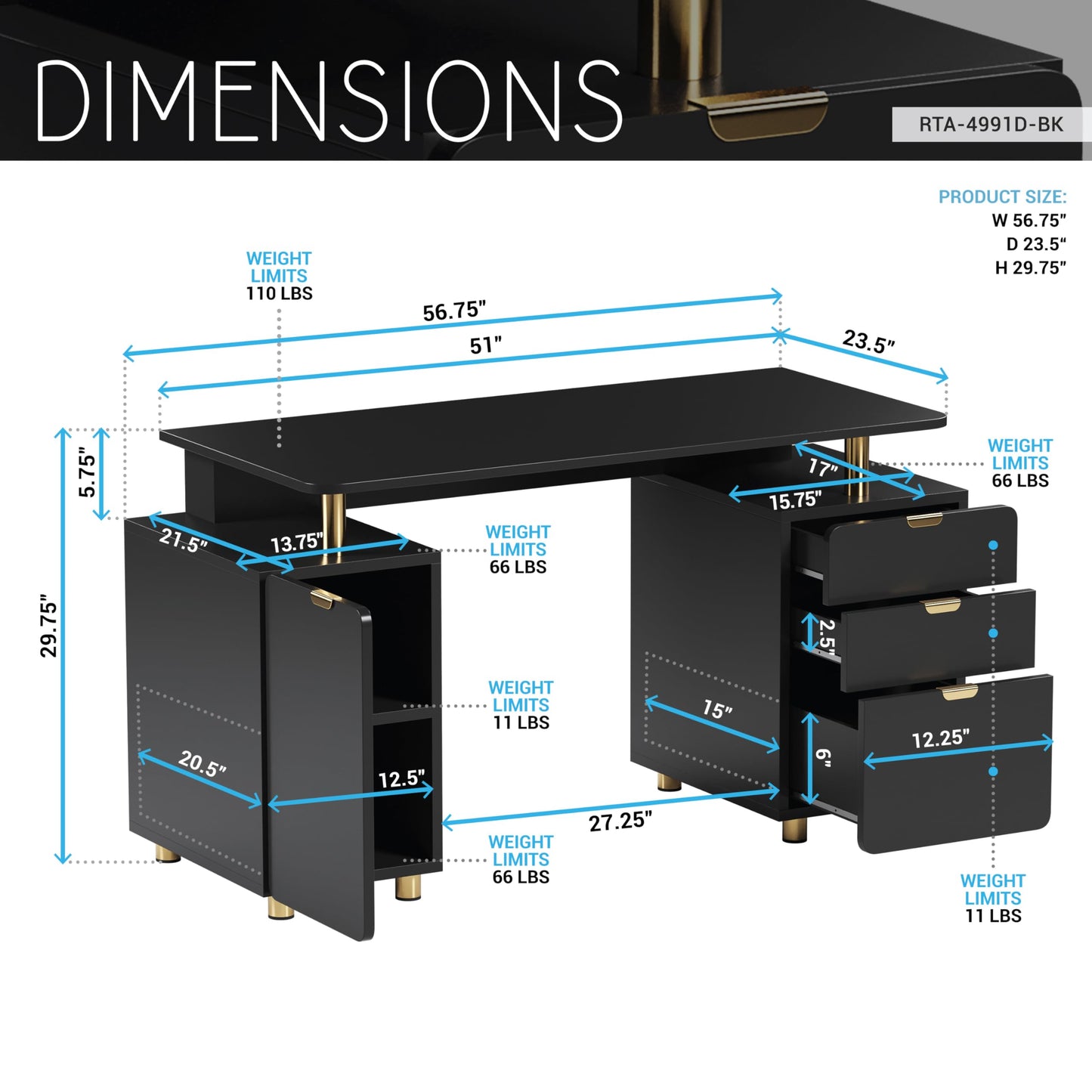 Elegant 57" W Executive Desk with 3 Drawers and Storage Cabinet, Modern Office Desk with Gold Accents, Floating Work Surface, Closed Storage with Ventilation & Adjustable Shelf (Black,Gold)