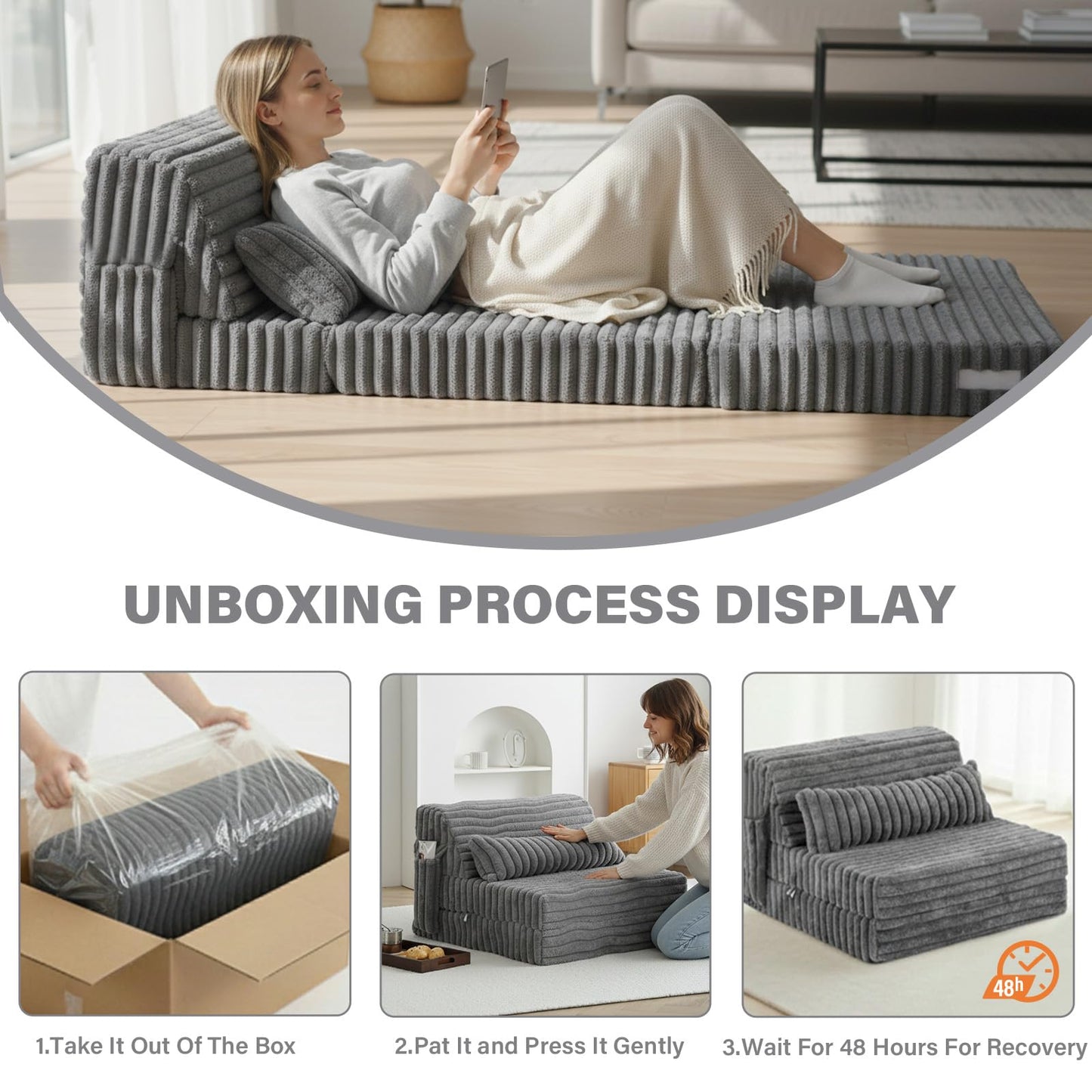Tiita Folding Sofa Bed Convertible Sleeper Chair Mattress with Pillow & Side Pocket, Thick Corduroy Floor Mattress Couch Bed, Single Size, Grey