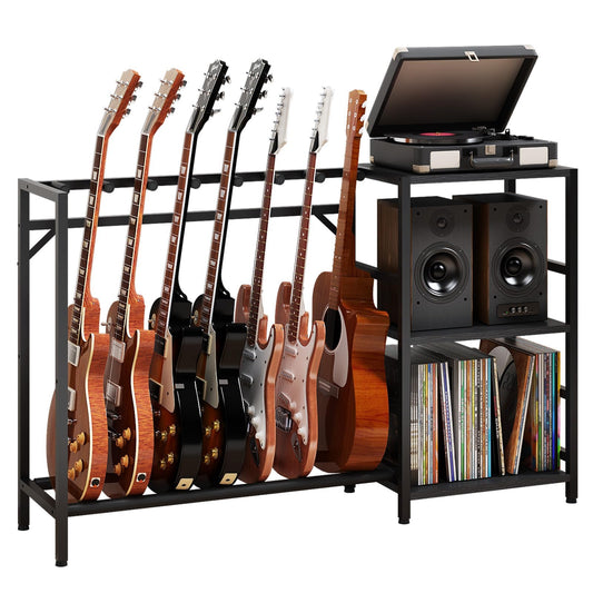 ZHNSYDN Guitar Stand with Record Player Stand, Guitar Rack with Record Player Table, Guitar Holder 7 Space for Multiple Guitars, Bass, Acoustic, Guitar Display for Home Music Studio, Black