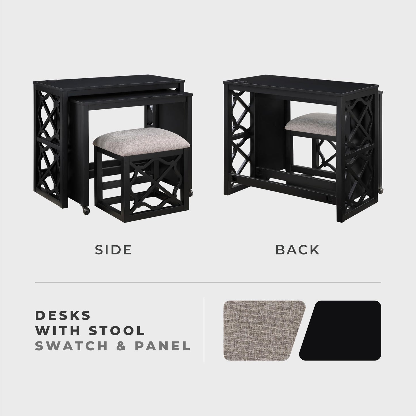 Lexicon Space-Saving Home Office Wood Desk Set, Modern Makeup Vanity Desk with Padded Vanity Stool, USB Charging Port, Nesting Table, Rolling Small Computer Table for Writing/Study/Bedroom, Black