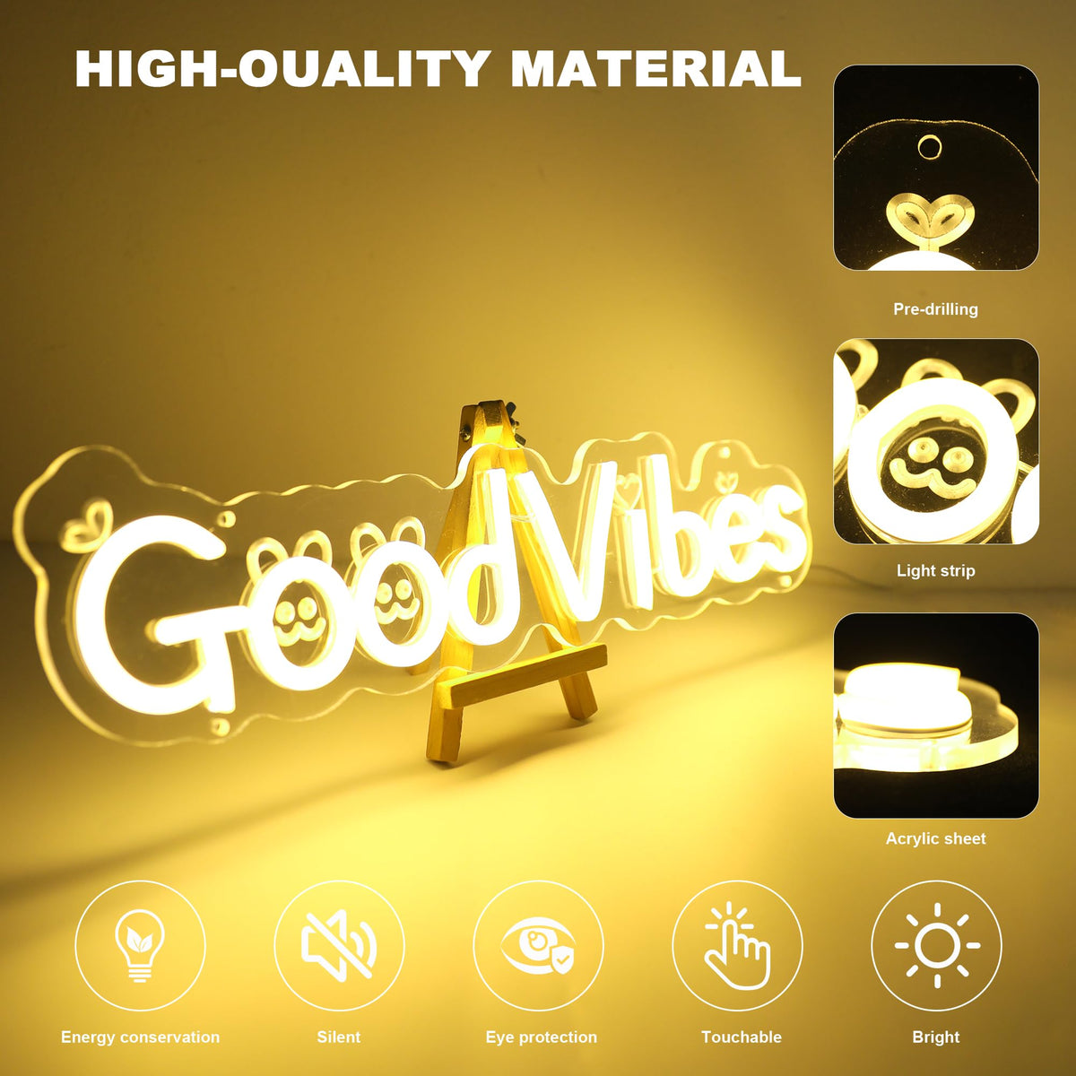 Enuoli Good Vibes Neon Sign for Wall Decor, Cute Cartoon Good Vibes Neon Lights Sign for Wall Decor, USB Operated LED Sign for Bedroom, Party, Bar, Salon - Best Gifts for Birthday, Christmas(Warm White)