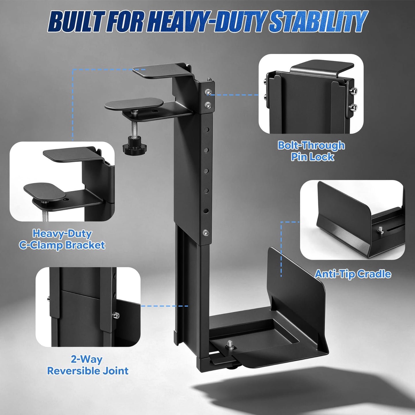 TooCust Adjustable Under Desk PC Mount, Heavy Duty No Drilling Clamp Mount on Desk (5.5 to 9.8 Inch Wide) - Thickened & Ultra Strong Fits Large PC Tower, Standing Desk PC Mount, Black