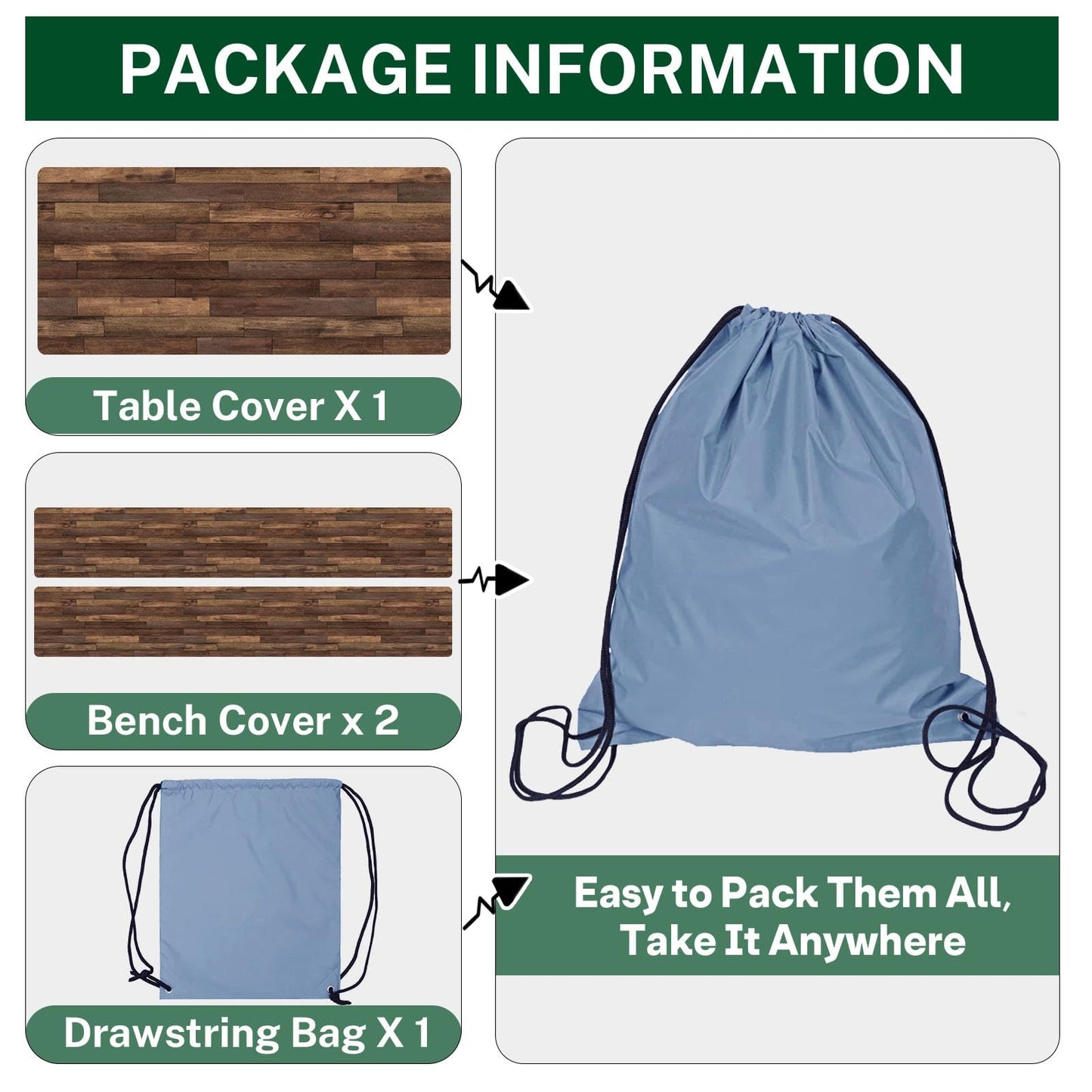 Britown Picnic Table Cover with Bench Covers Elastic Edges, Brown Wood Fitted Table Cover, Outdoor Patio Camping Essentials 72 Inch 3PCS, Waterproof Camping Fitted Tablecloth with Drawstring Bag