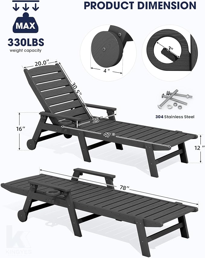 KINGYES HDPE Lounge Chair Outdoor Set of 4, Patio Chaise Lounge Recliner