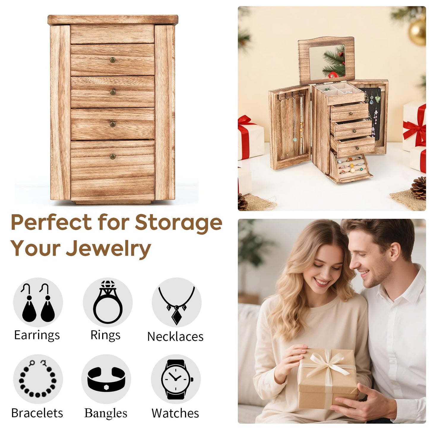 Meangood Jewelry Box Jewelry Organizer, 5-Layer Wooden Jewelry Organizers and Storage Boxes for Women Girls, Ring Earring Bracelet Necklace Holder Organizer with Mirror & Drawers (Carbonized Black)