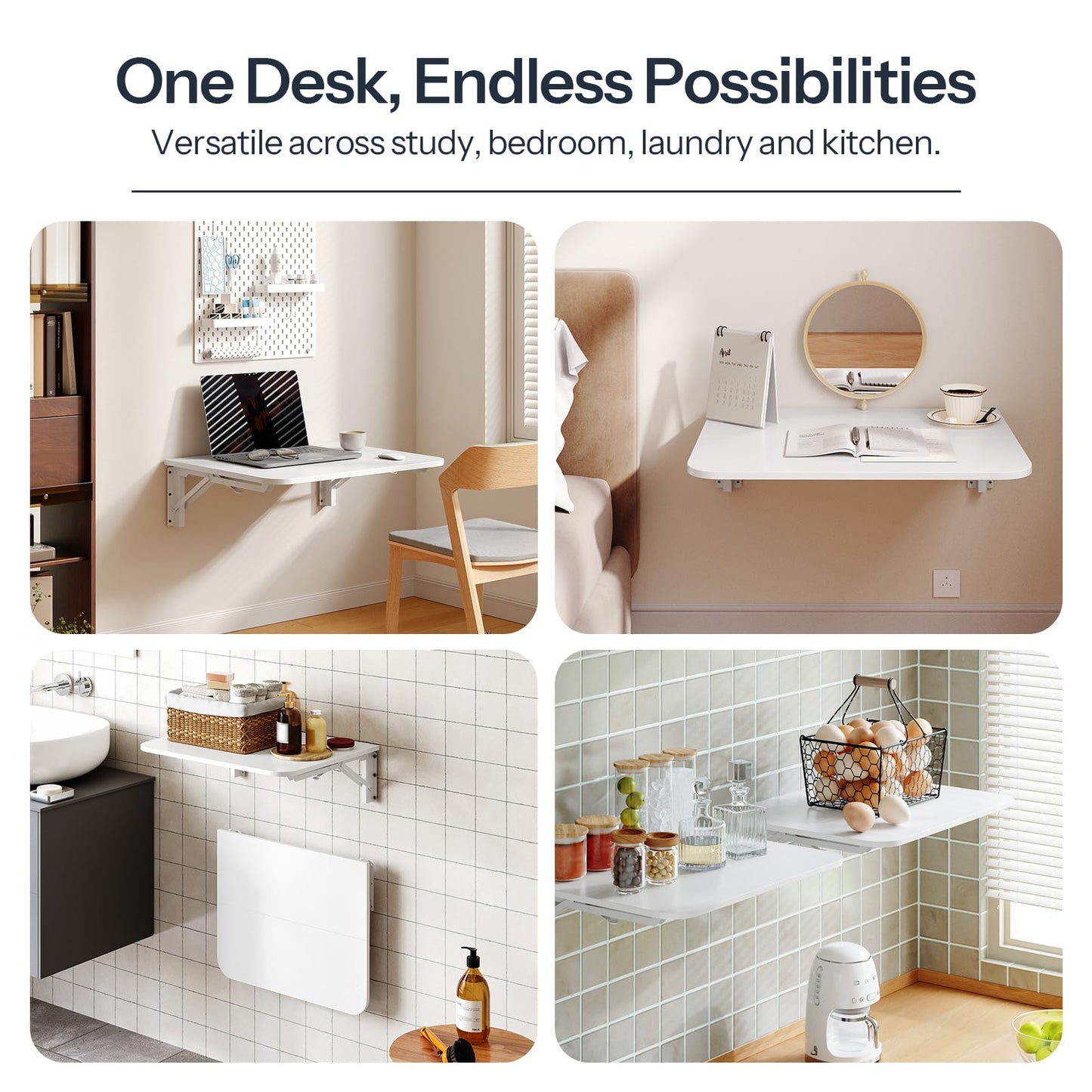 HOOBRO Folding Table, Wall Mounted Desk, Floating Wall Desk with Iron Bracket, Drop Leaf Table for Small Spaces, for Kitchen, Laundry Room, Home, Office, White WT054BZ01