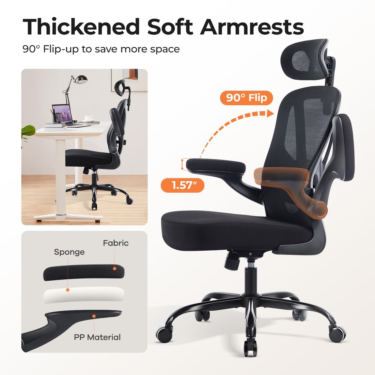 shipborne Office Chair Ergonomic Office Chair with Lumbar Support, Head Support, Rocking Function, FILP-up Armrests, Mesh High Back Chair Home Office Desk Chair, Suitable for Home, Office, Black