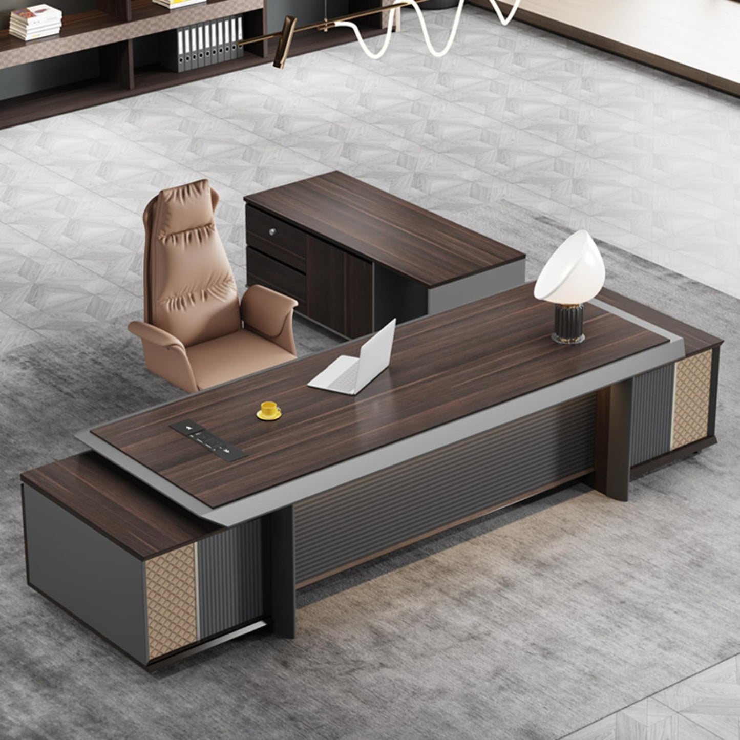LSIGHTUS Luxury L Shaped Executive Office Desk Computer Desk with File Drawers Study Writing Table Business Furniture Set for CEO Boss