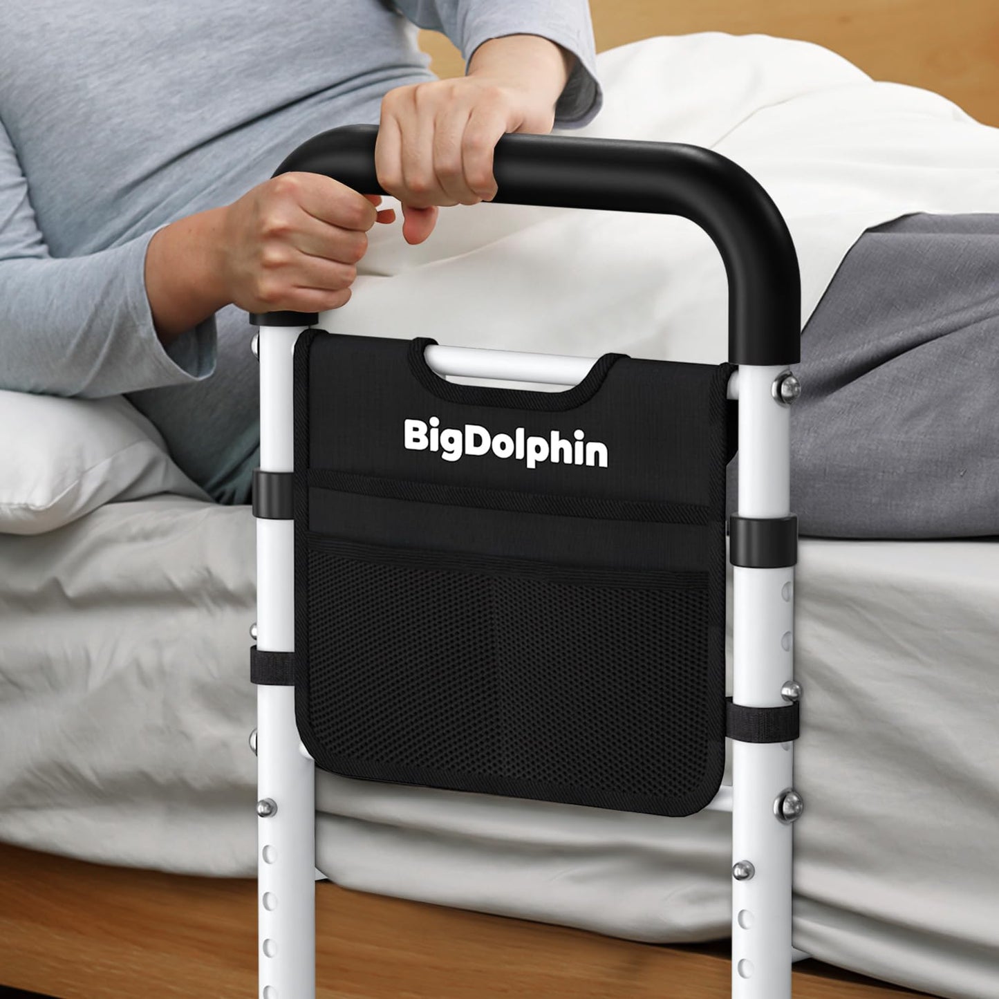 BigDolphin Bed Rails for Elderly Adults Safety - ASTM Approved, 350 LBS Capacity, Tool-Free Assembly, Non-Slip Ergonomic Handle with Storage Pocket, Safe Bed Rails for Seniors