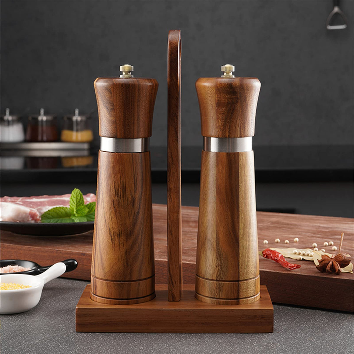 Ninefish Wooden Salt and Pepper Grinder Kit,Wood pepper mill,8-inch manual Teak Wooden Salt and Pepper Shakers, Pepper and salt grinders are combined with Wooden Stand Holder Tray and Wooden Spoon